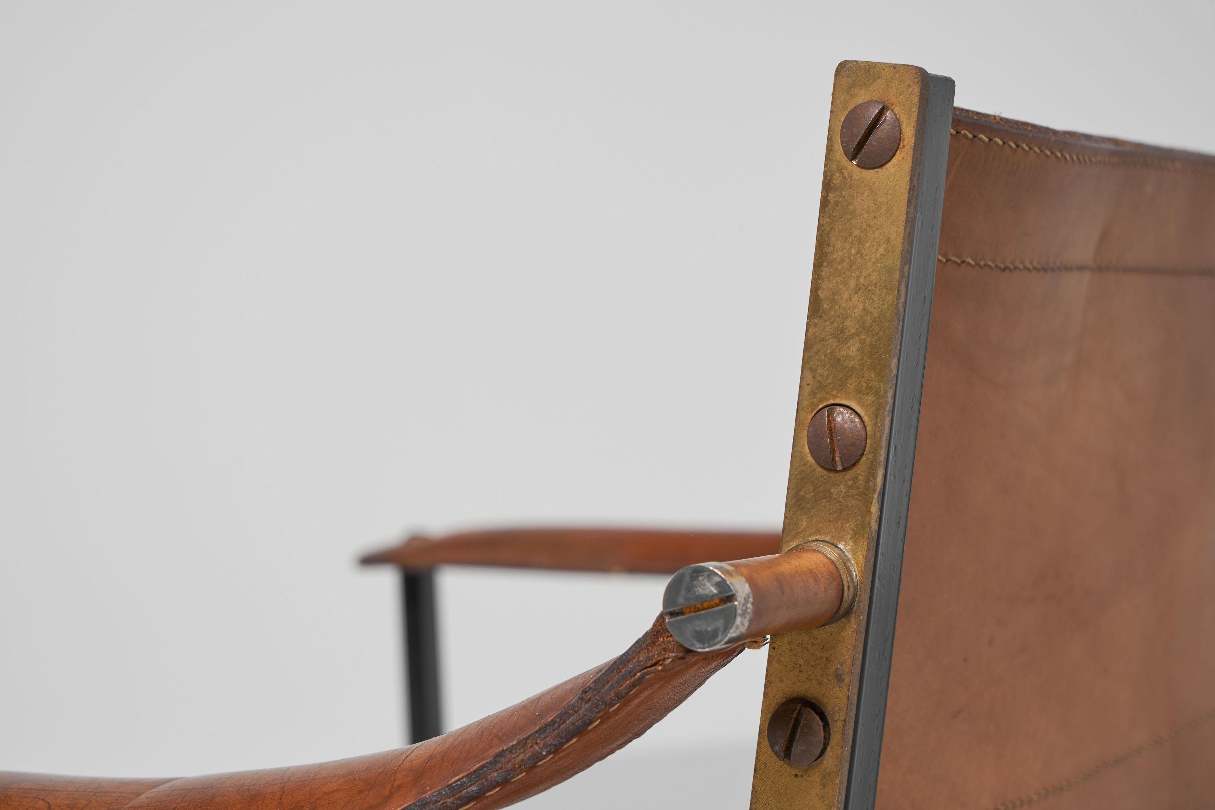 Leather patinated armchair made in France 1950s 3