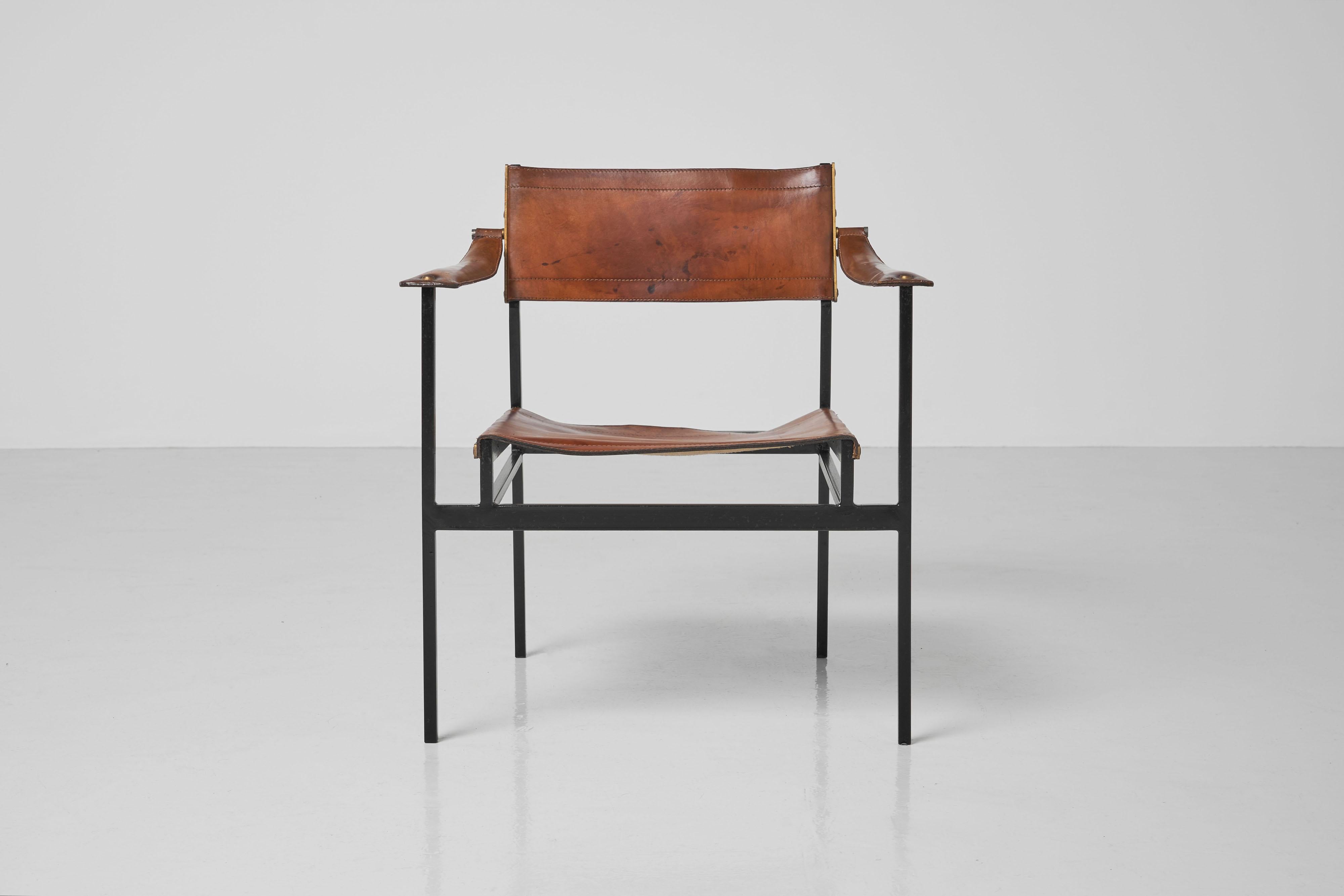 Metal Leather patinated armchair made in France 1950s