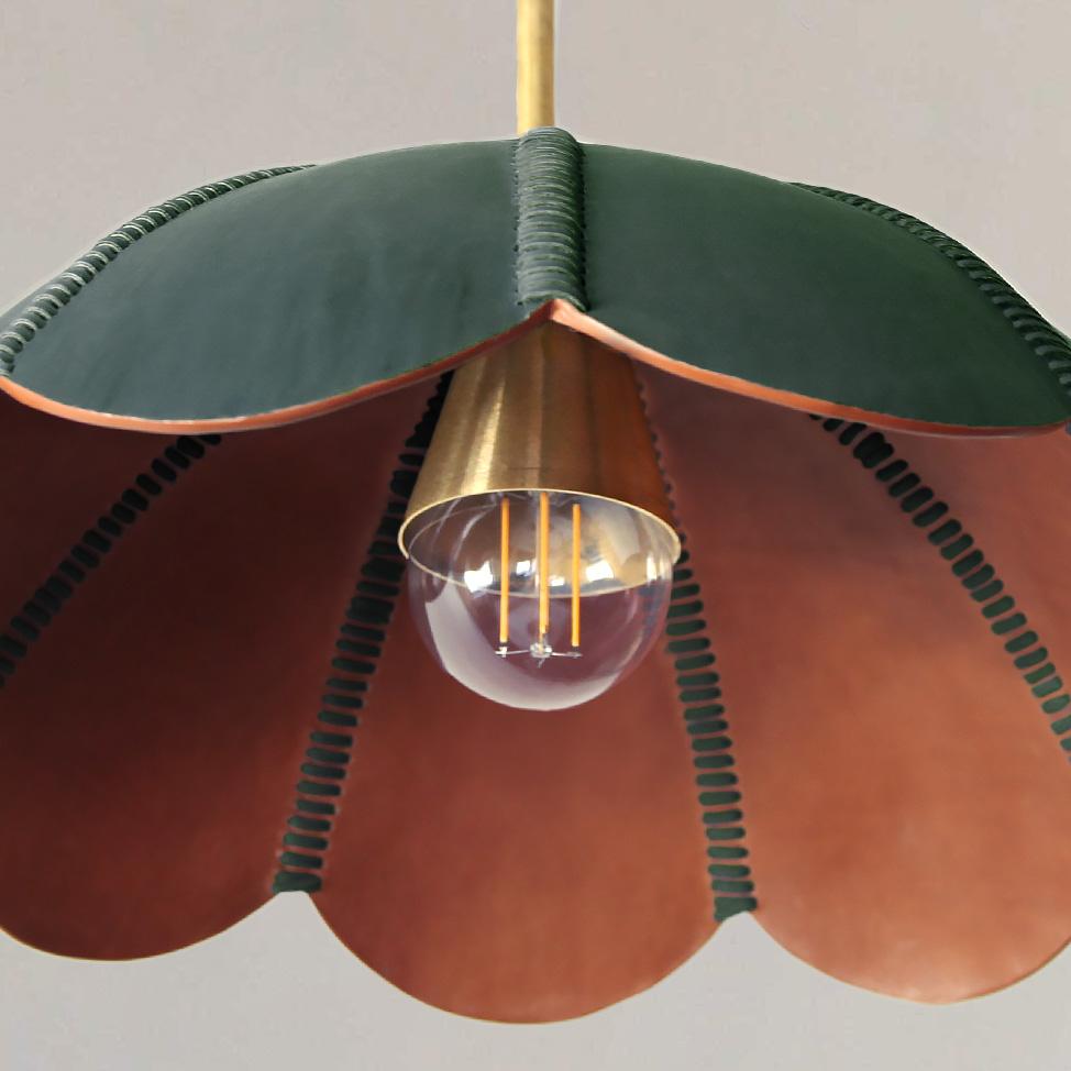 Mid-Century Modern Leather Pendant Light, Emerald Green, Capa II, Saddle Lamp Collection For Sale