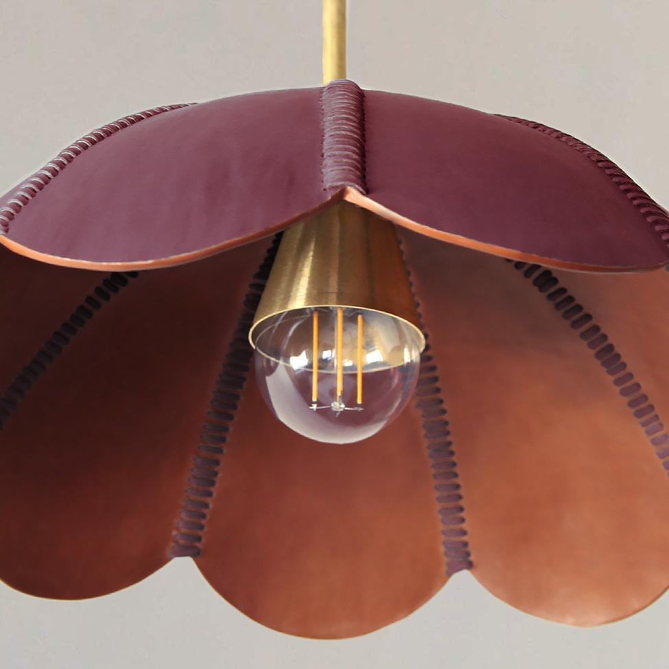 Mid-Century Modern Leather Pendant Light in Berry, Capa II, Talabartero Collection Saddle Lamp For Sale