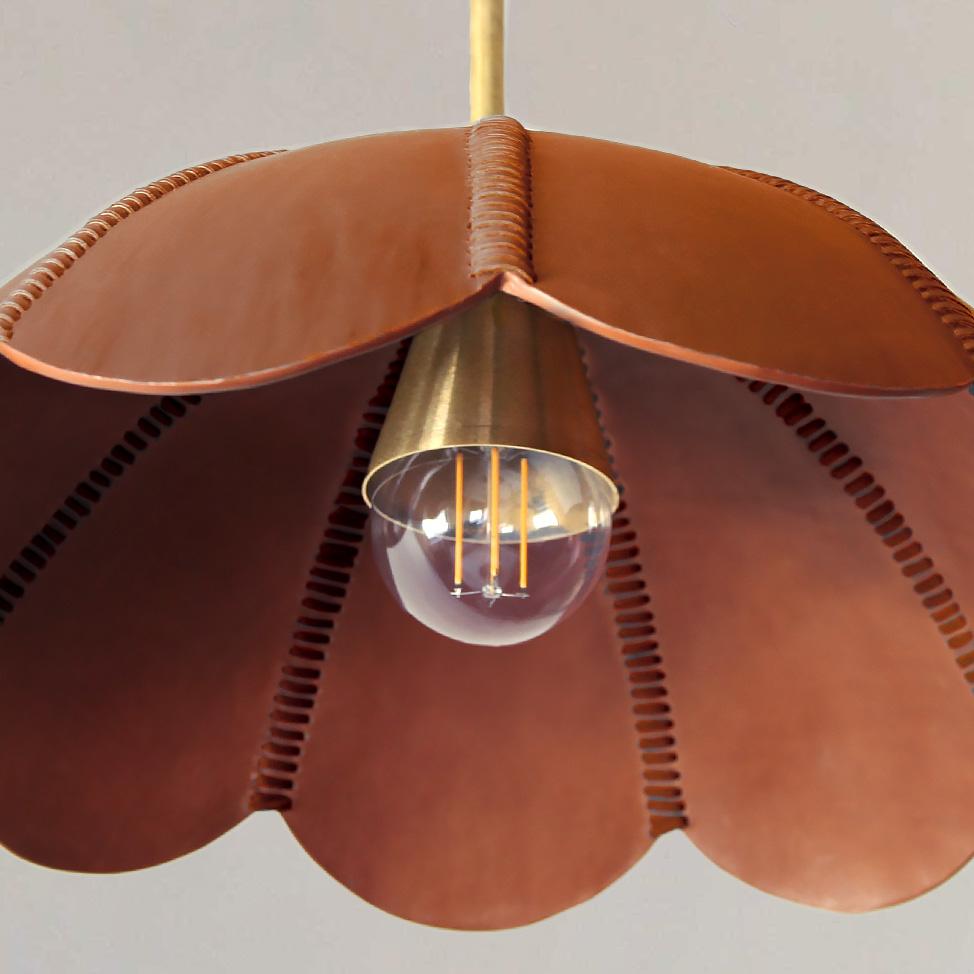 Mid-Century Modern Leather Pendant Light in Camel, Capa II, Talabartero Collection Saddle Lamp For Sale