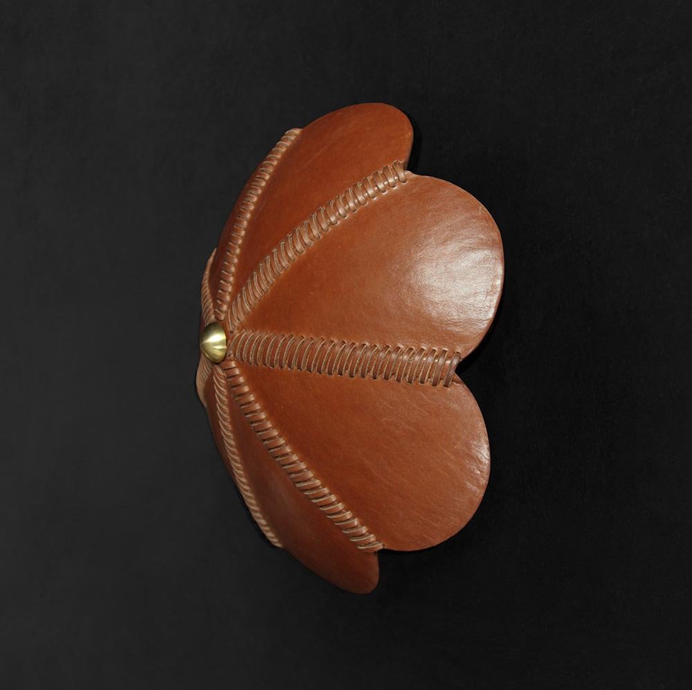 Mid-Century Modern Leather Sconce Light in Camel, Noma, Talabartero Collection Saddle Lamp For Sale