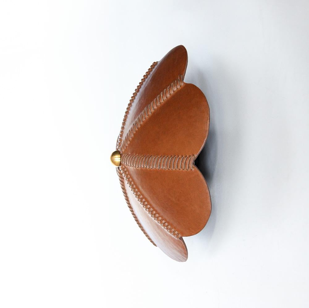 Colombian Leather Sconce Light in Camel, Noma, Talabartero Collection Saddle Lamp For Sale