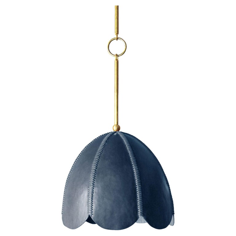 Leather Pendant Light in Cobalt, Doma, Talabartero Saddle Lamp Collection For Sale