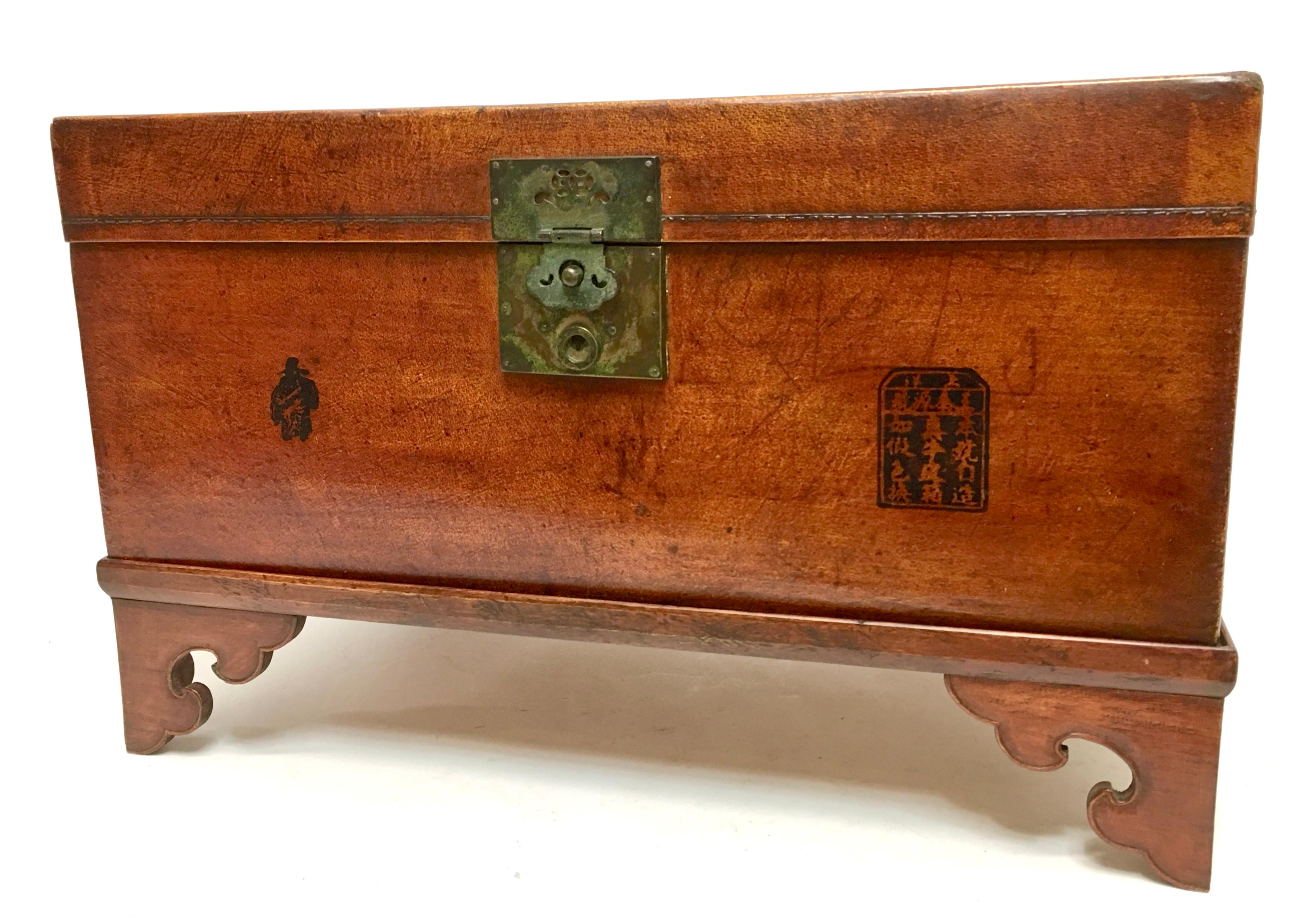 19th Century Leather Pig Skin Trunk on Stand Coffee Table