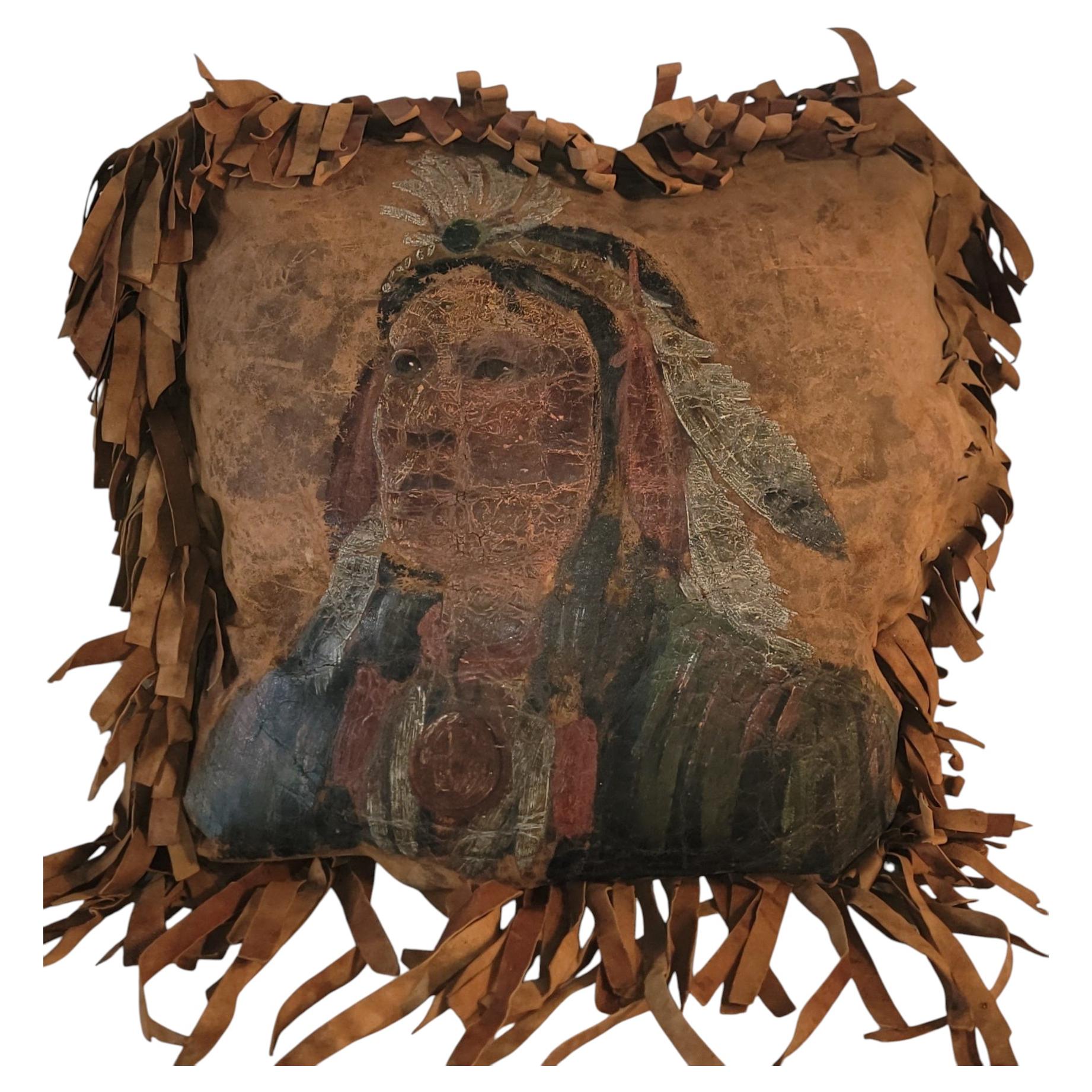 Leather Pillow W/ Navajo Chief For Sale