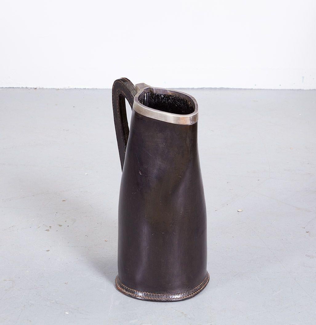 English Leather Pitcher with Silver Rim
