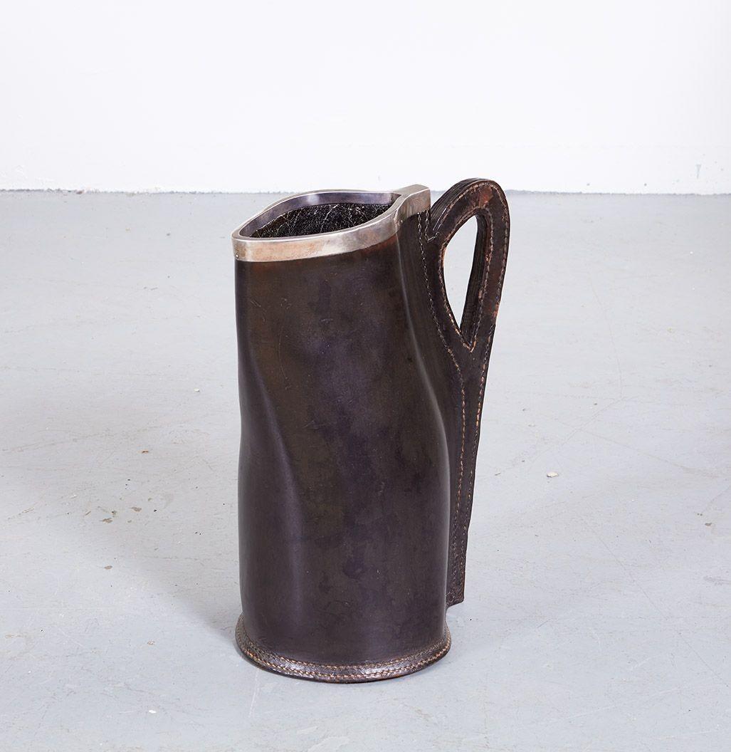 Leather Pitcher with Silver Rim In Good Condition In Greenwich, CT