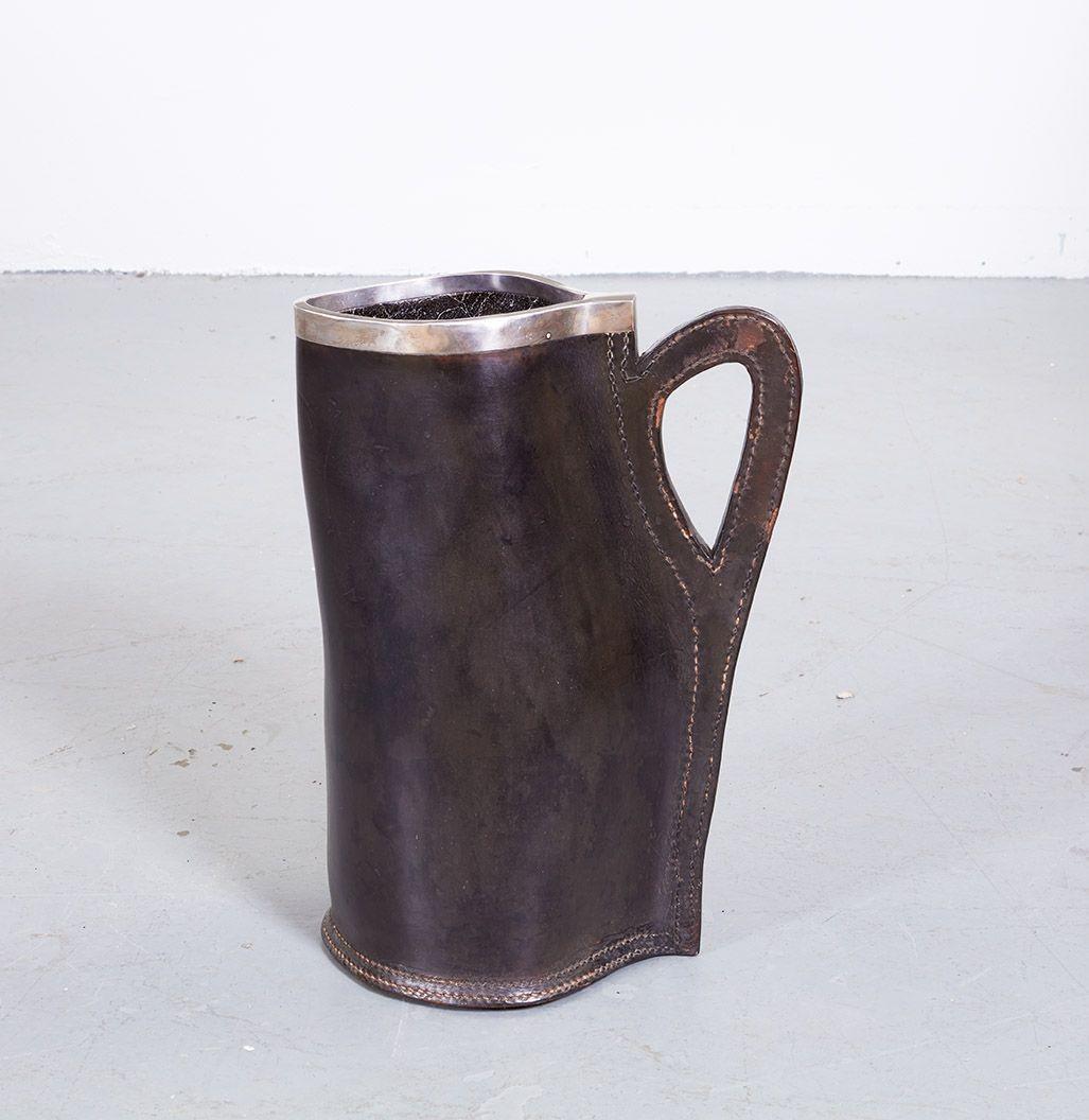 Early 20th Century Leather Pitcher with Silver Rim