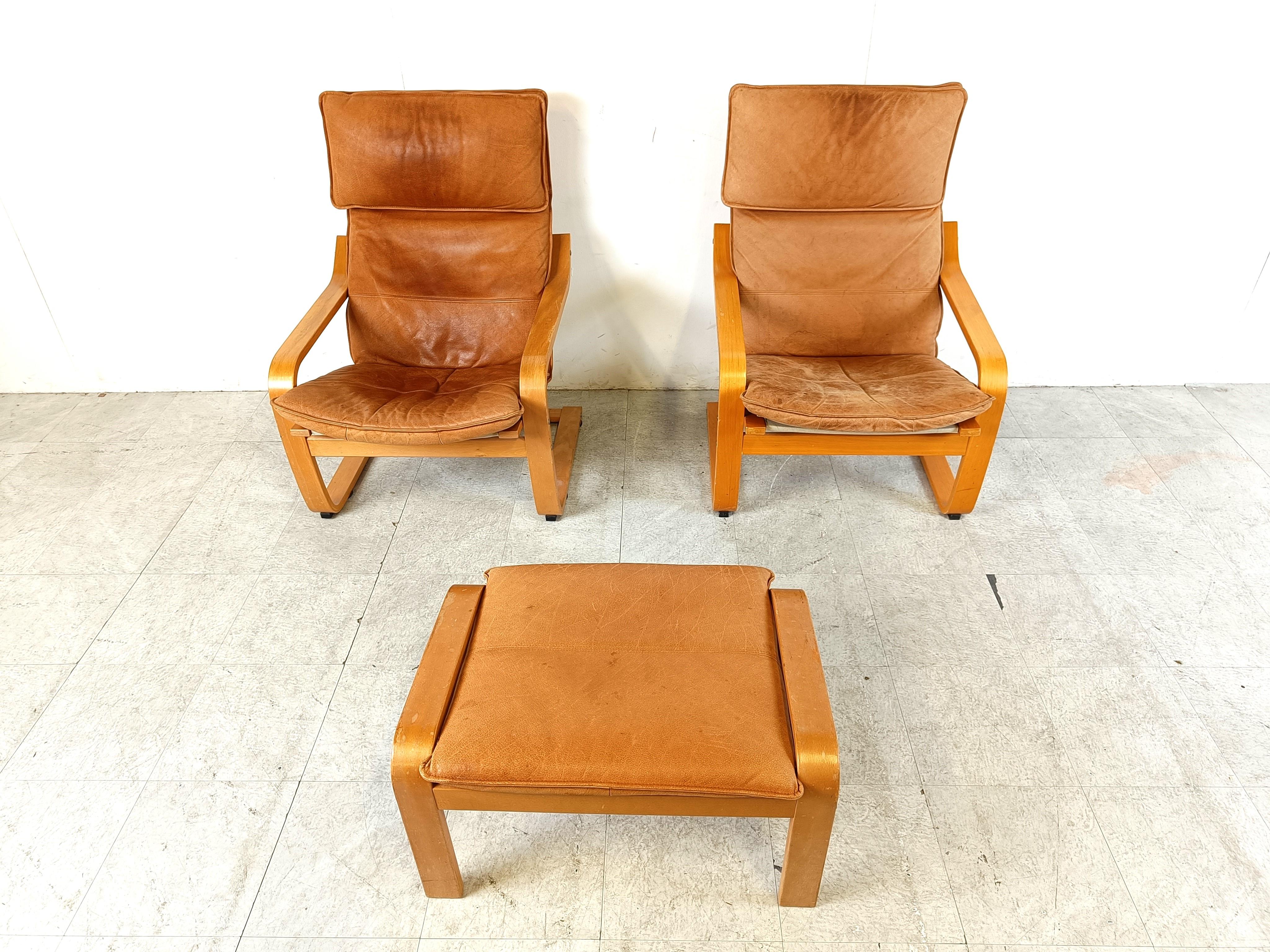 Leather Poäng Chairs & Footrest by Noboru Nakamura for IKEA, 1990s 2