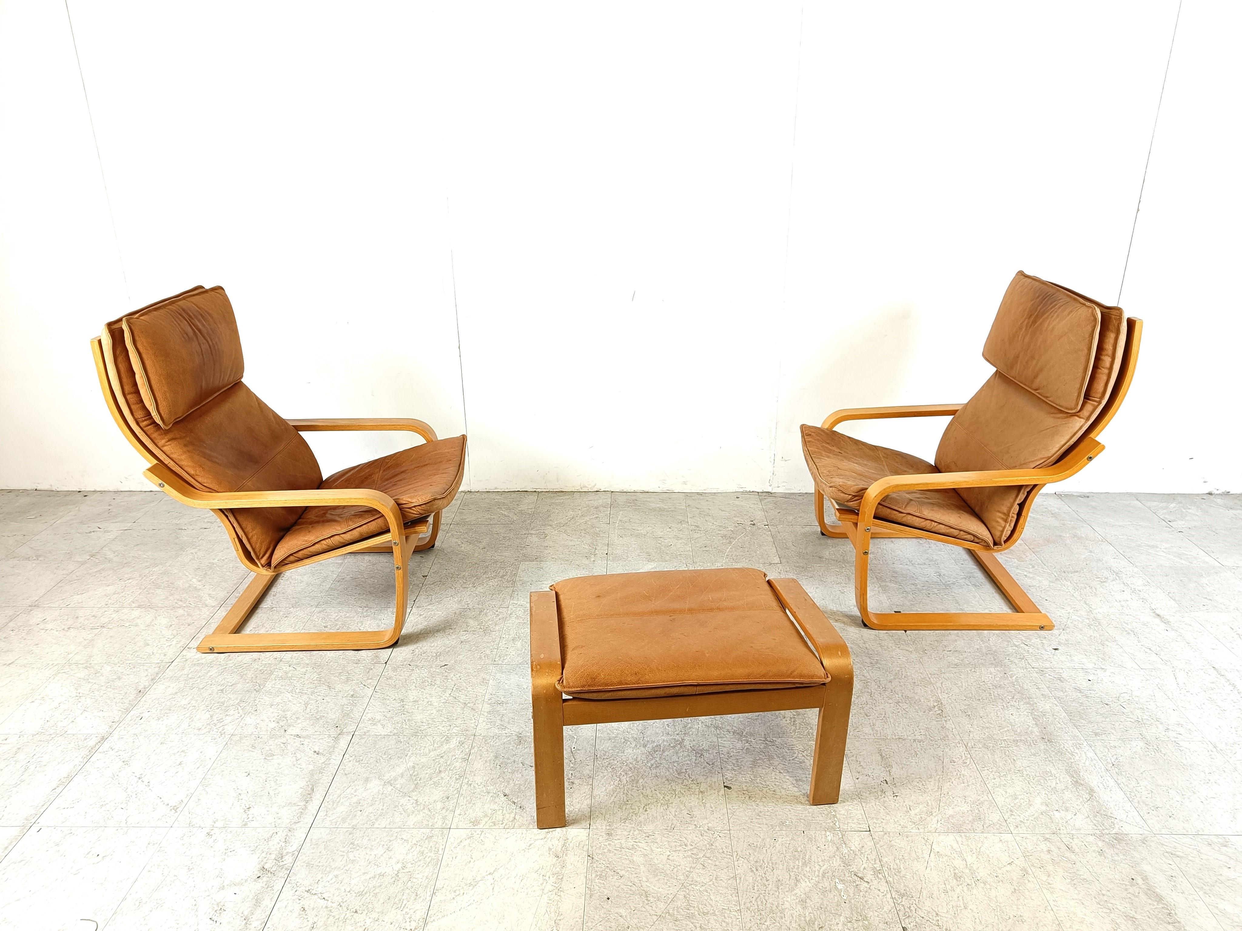 Mid-Century Modern Leather Poäng Chairs & Footrest by Noboru Nakamura for IKEA, 1990s