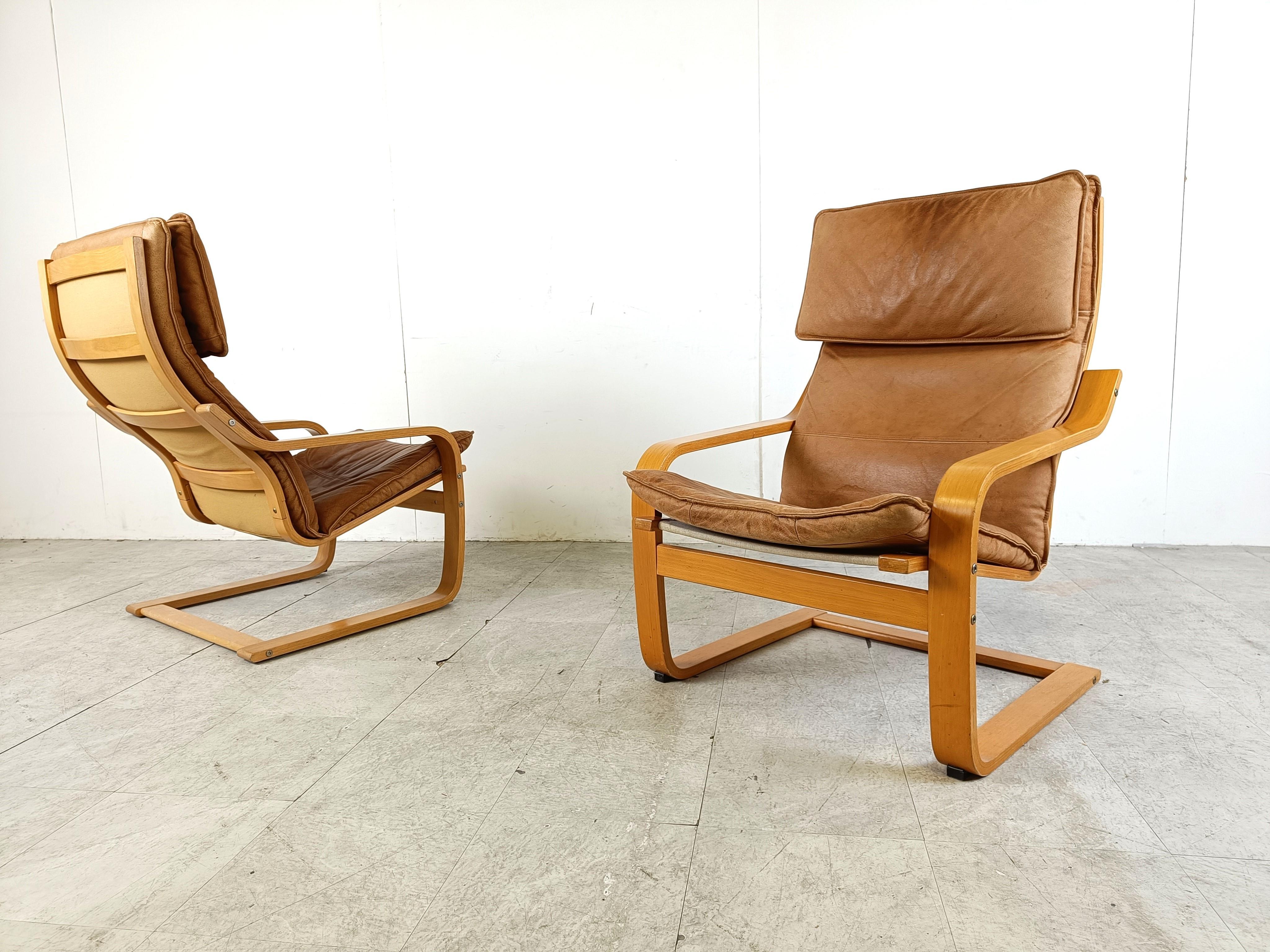Swedish Leather Poäng Chairs & Footrest by Noboru Nakamura for IKEA, 1990s