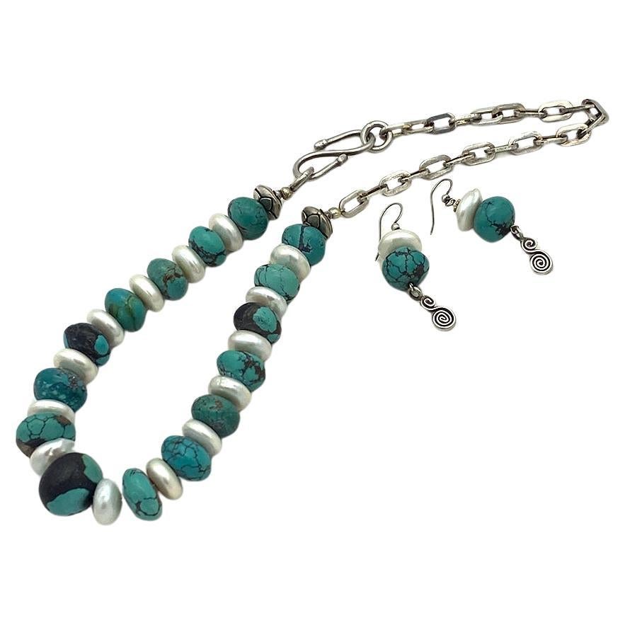 Leather-polished Turquoise & Freshwater Pearl Necklace & Earrings Set For Sale