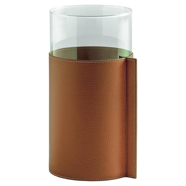 Leather Pot High Glass Vase Covered with Leather Pelle SC 68 Sahara Brown For Sale