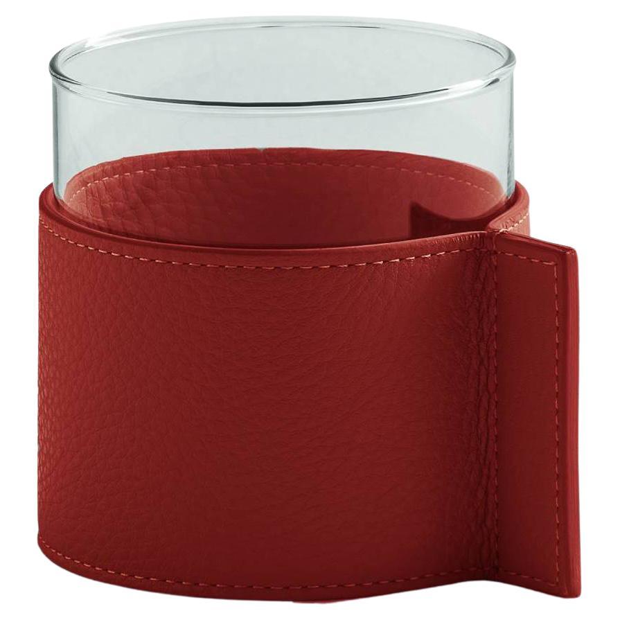Leather Pot Small Glass Vase Covered with Nest Leather Colour Marte Red