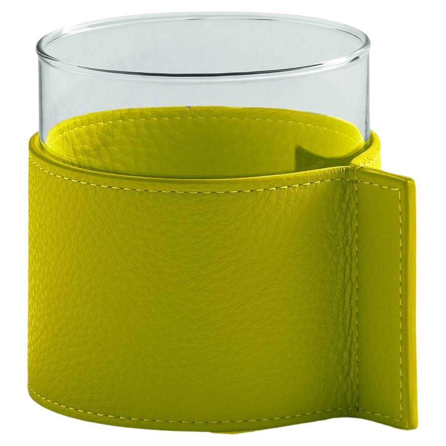 Leather Pot Small Glass Vase Covered with Pelle SC 140 Mimosa Leather Yellow For Sale
