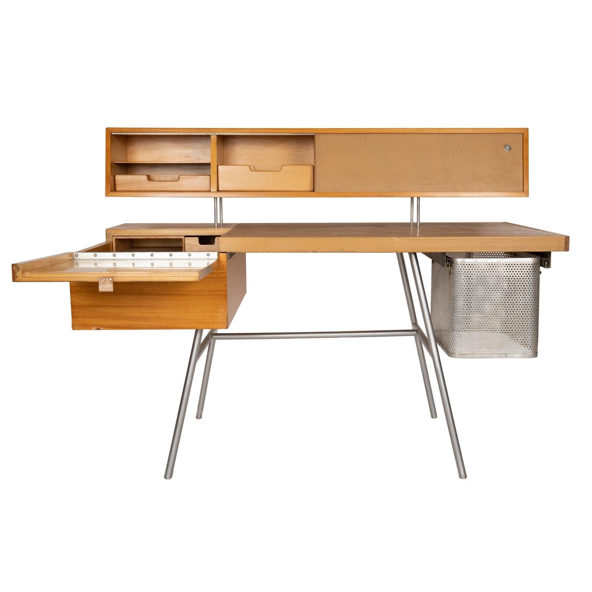 Americano Scrivania in pelle, Primavera e acciaio di George Nelson per Herman Miller, 1946 in vendita