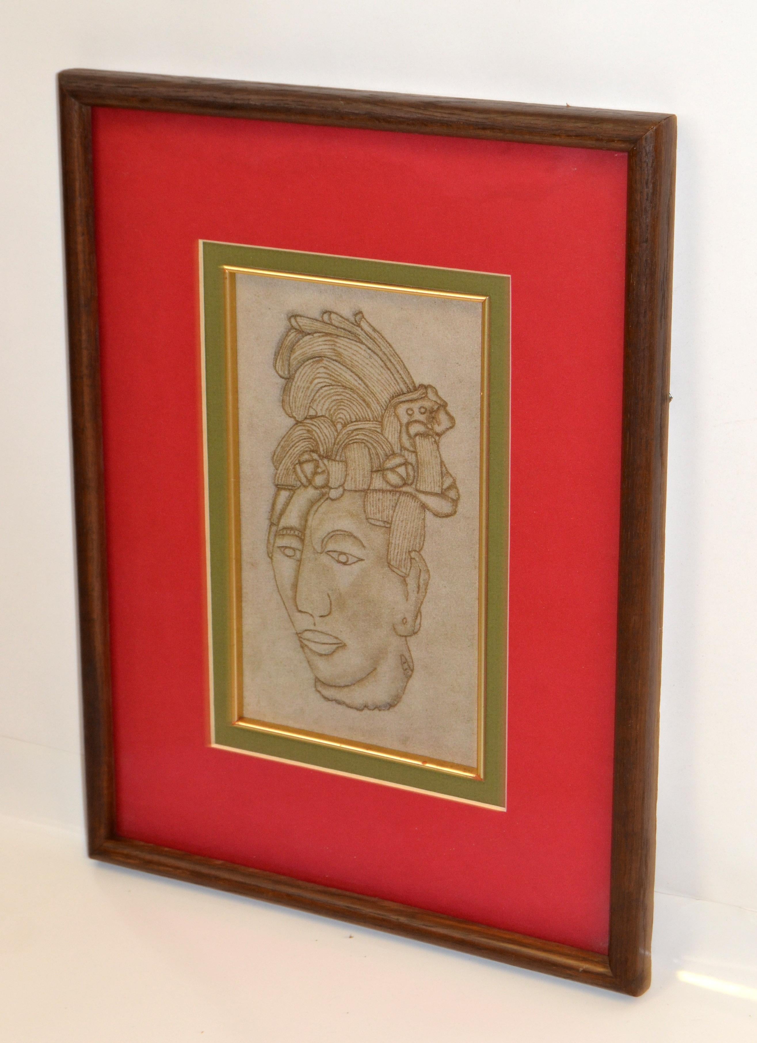 20th Century Leather Pyrography Branding Carving Cabeza Maya King of Palenque Art Mexico For Sale