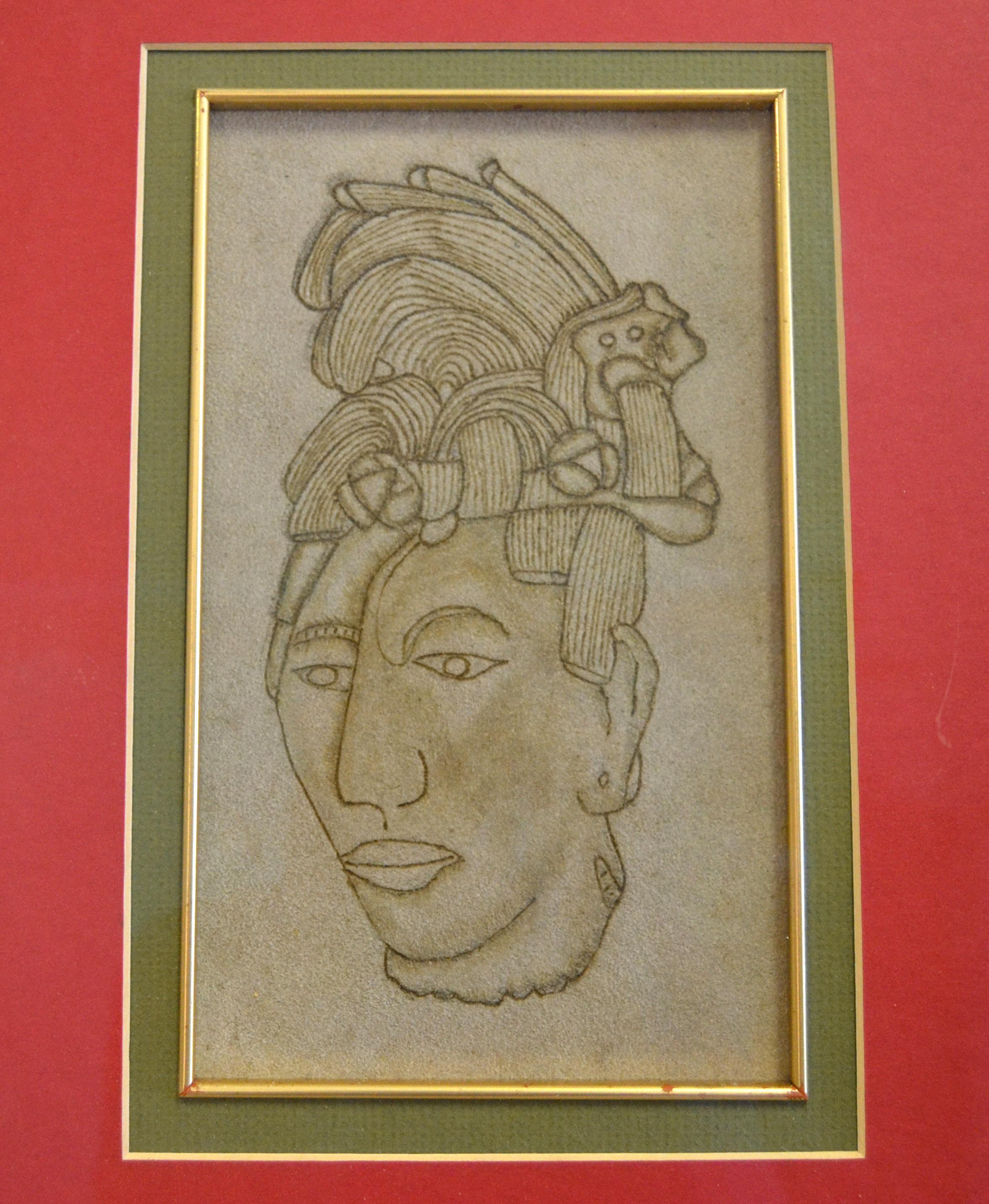 Mexican Leather Pyrography Branding Carving Cabeza Maya King of Palenque Art Mexico For Sale