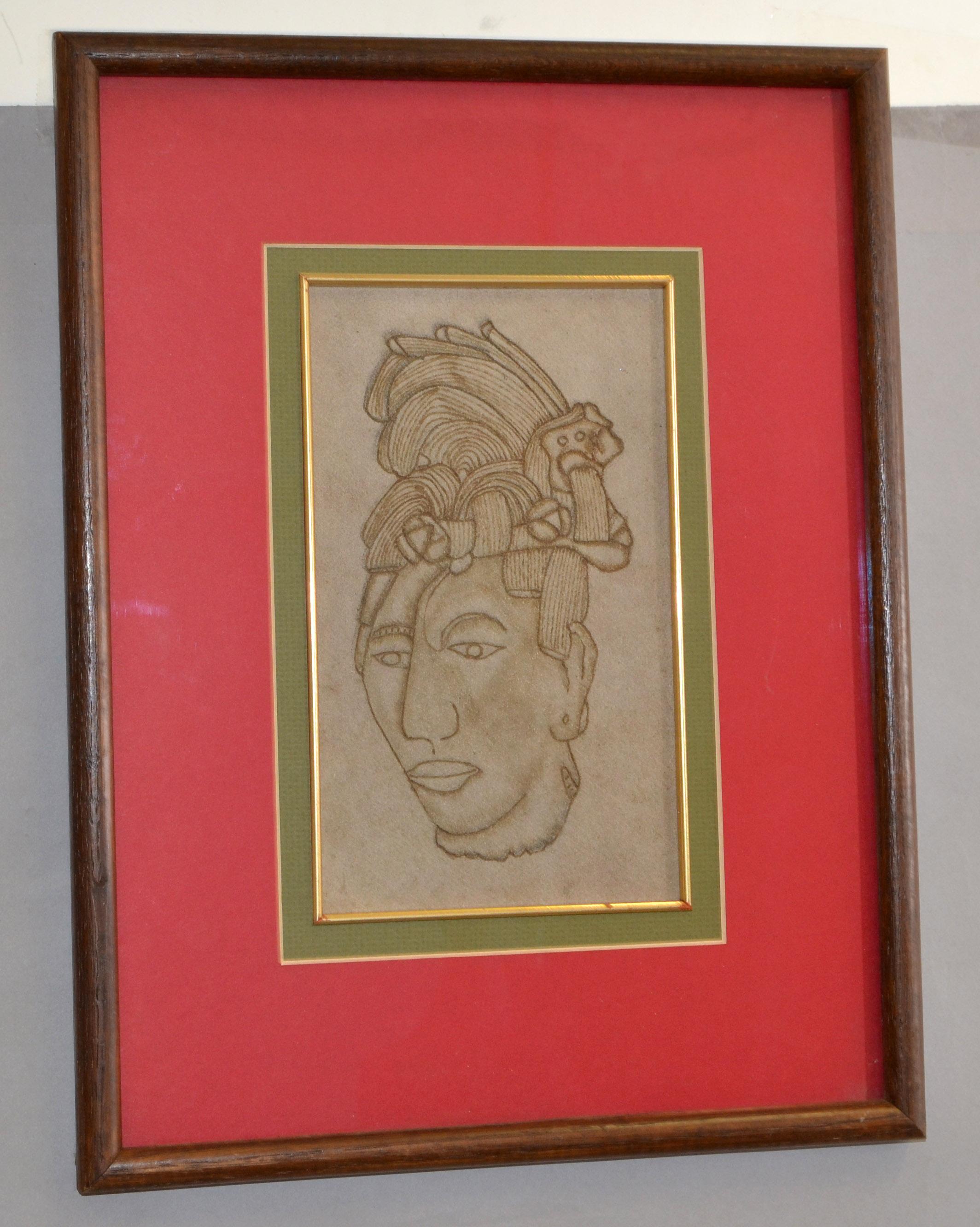 Hand-Carved Leather Pyrography Branding Carving Cabeza Maya King of Palenque Art Mexico For Sale