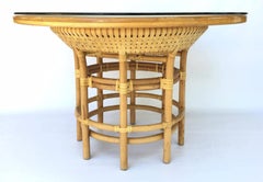 Leather Rattan Bamboo Round Dining Table in the Manner of Brown Jordan