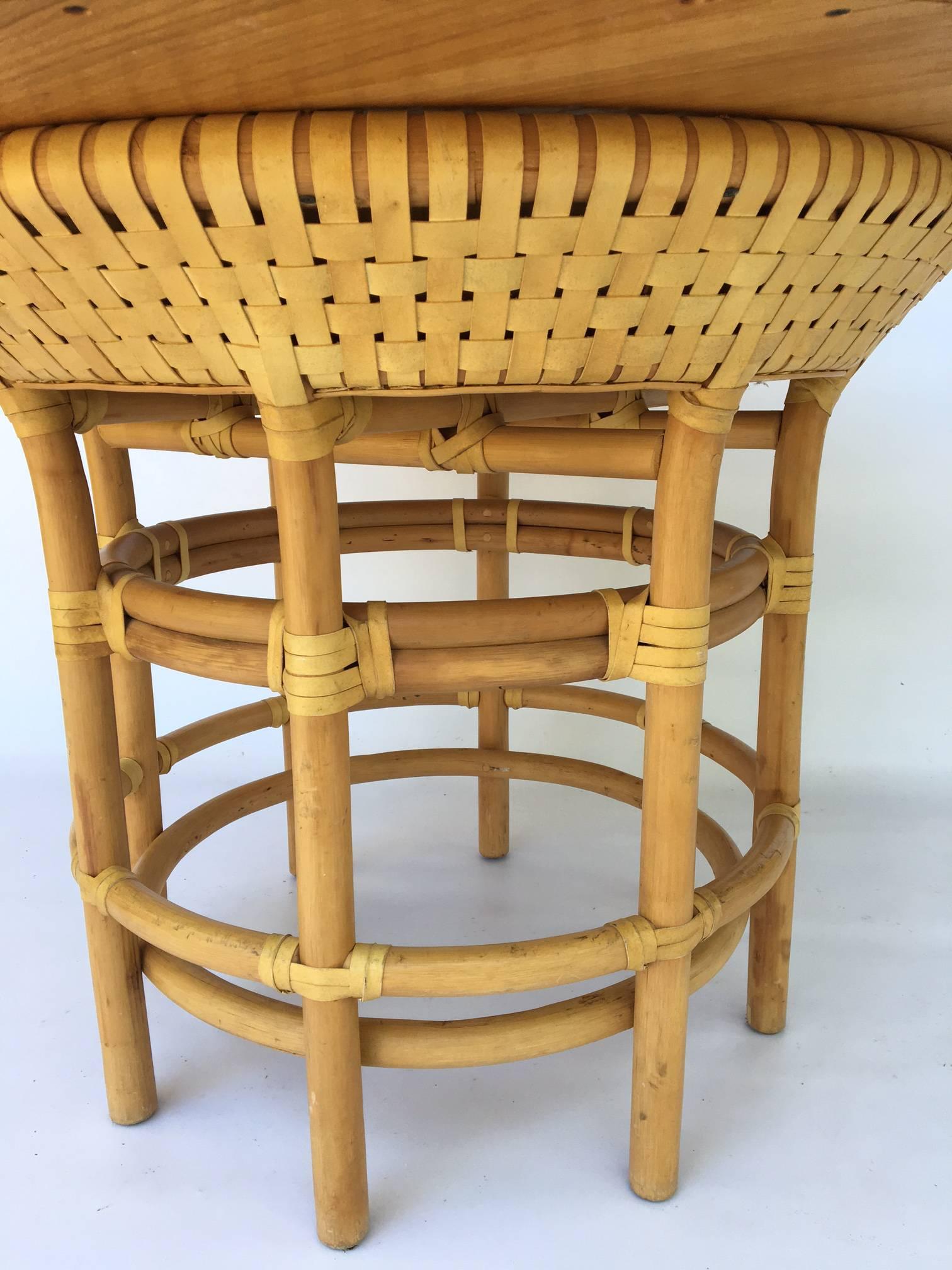 Organic Modern Leather Rattan Bamboo Round Dining Table in the Manner of Brown Jordan