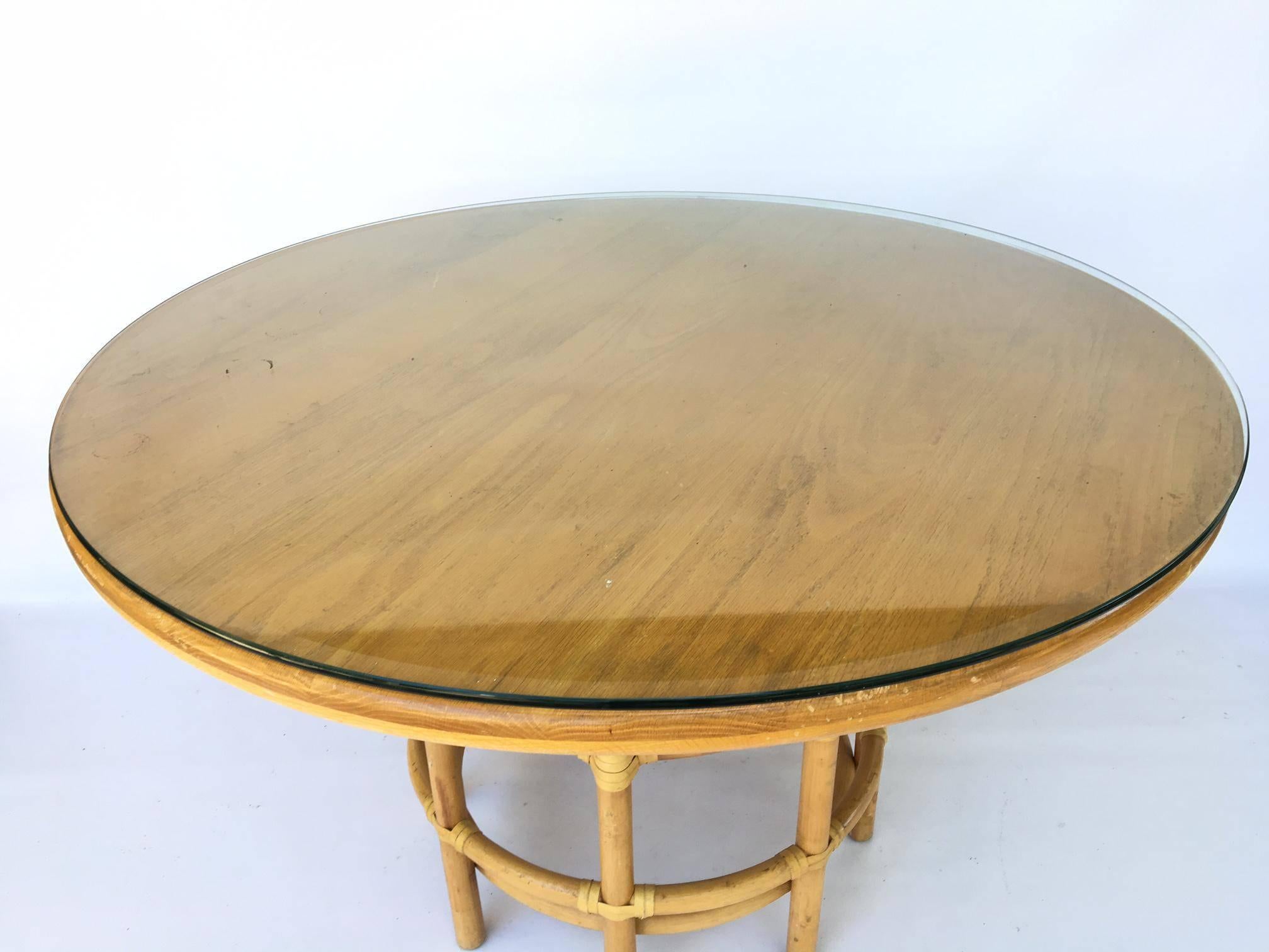 Late 20th Century Leather Rattan Bamboo Round Dining Table in the Manner of Brown Jordan