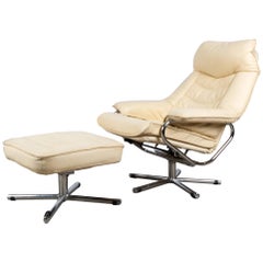 Used Leather Reclining Swivel Lounge Chair with Ottoman by Tetrad, England circa 1970