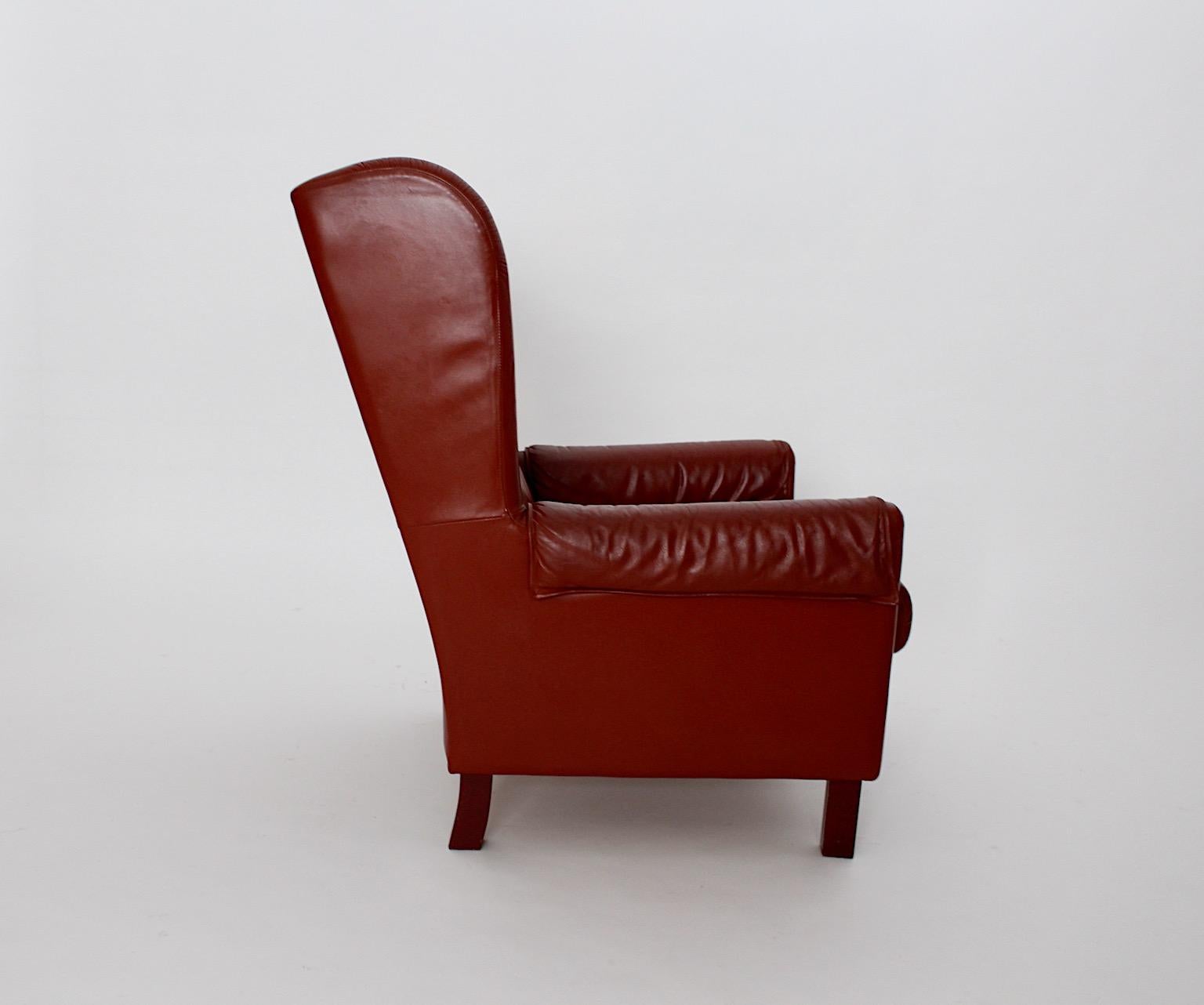 Fauteuil de salon Wingback en cuir brun rougeâtre vintage, Autriche, années 1970 en vente 3