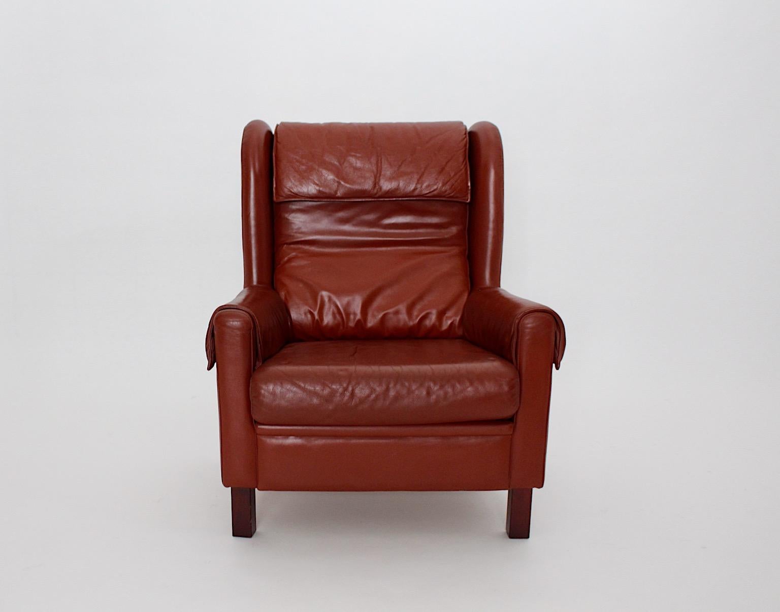 Leather Reddish Brown Vintage Wingback Chair Lounge Chair 1970s Austria For Sale 5