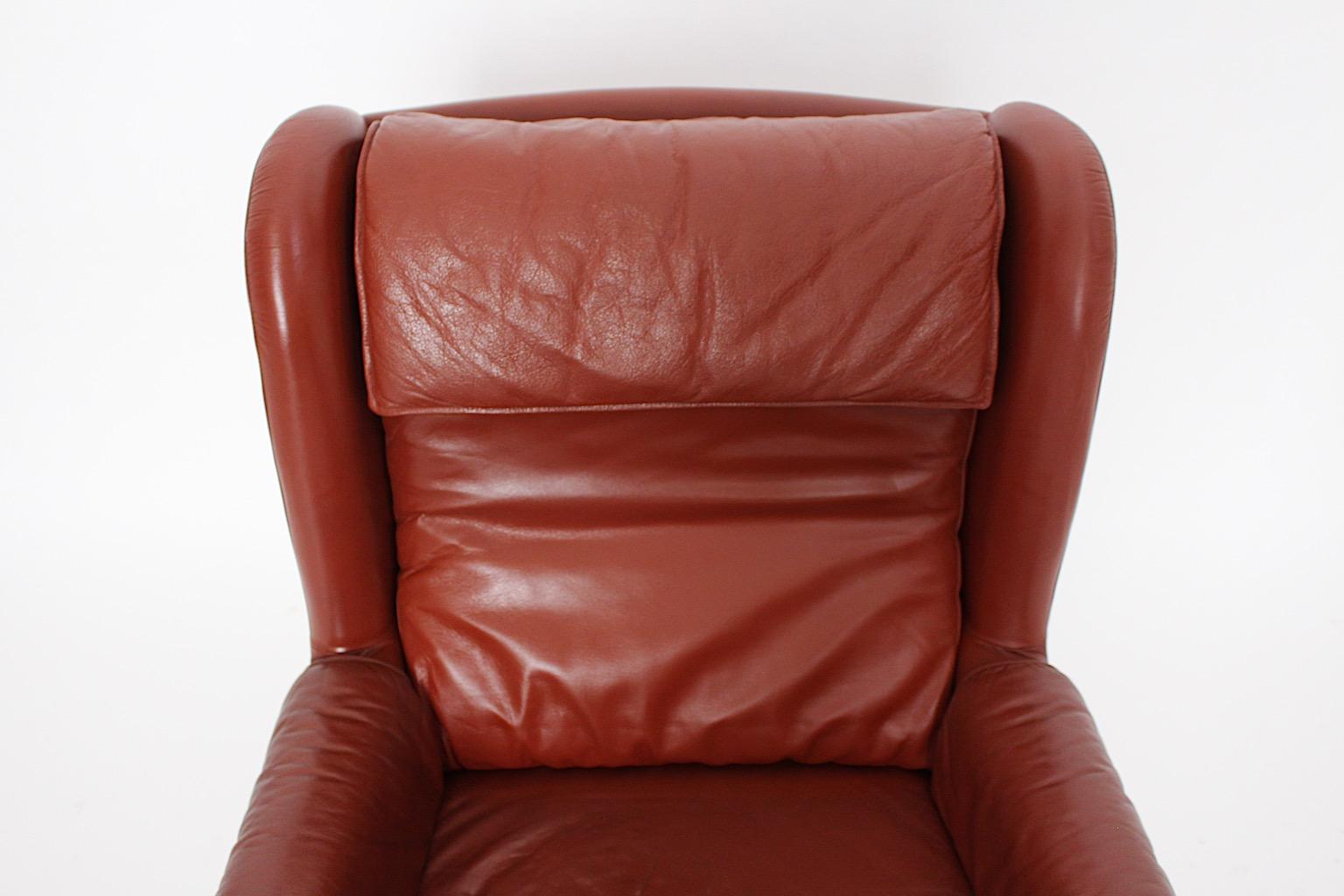 Leather Reddish Brown Vintage Wingback Chair Lounge Chair 1970s Austria For Sale 6