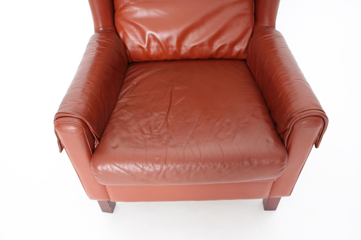 Leather Reddish Brown Vintage Wingback Chair Lounge Chair 1970s Austria For Sale 8