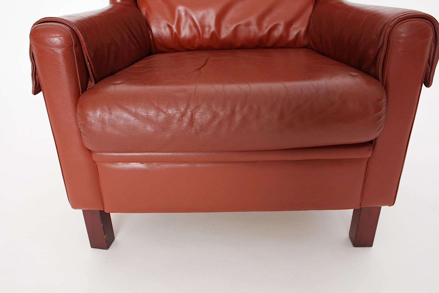 Leather Reddish Brown Vintage Wingback Chair Lounge Chair 1970s Austria For Sale 13