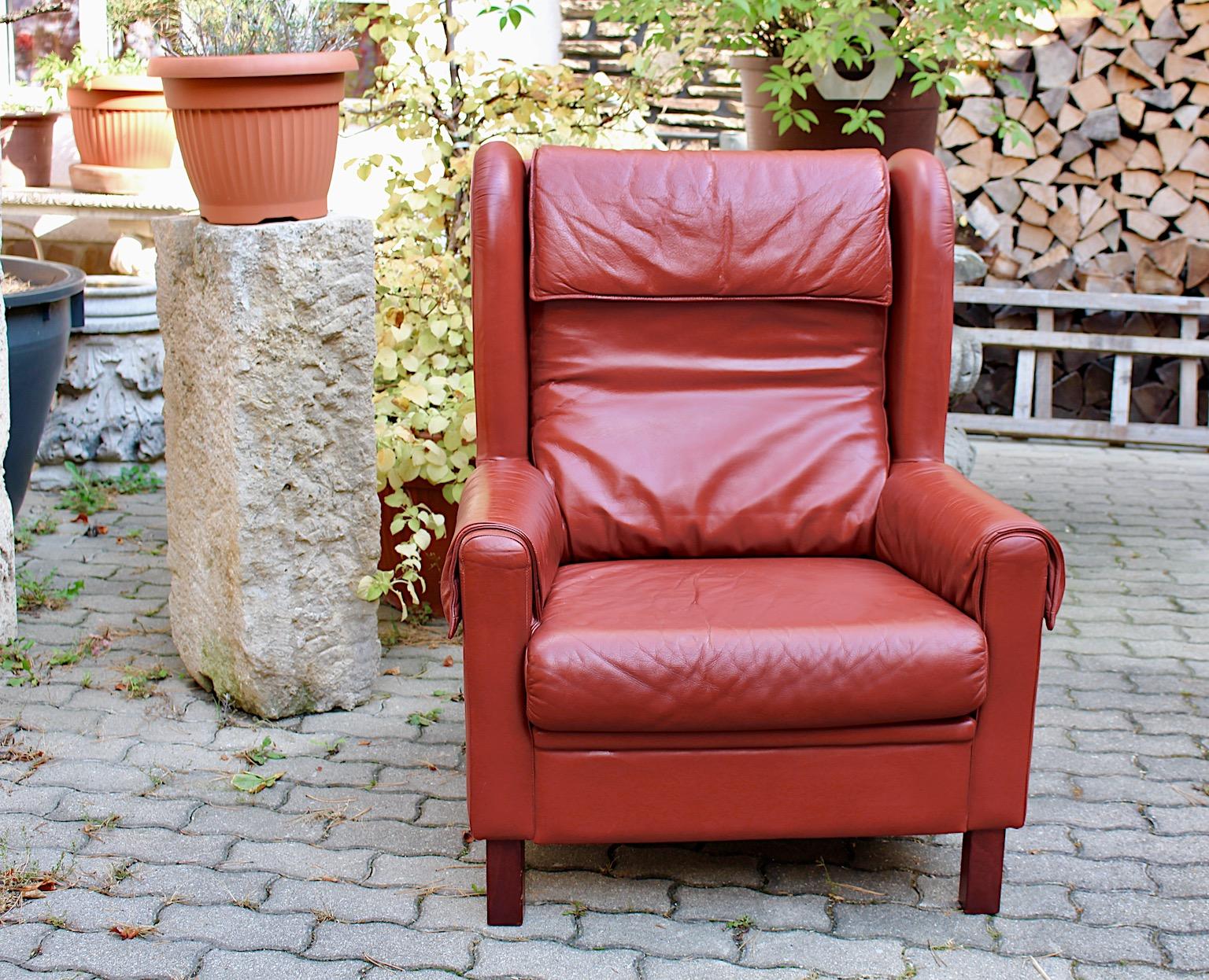Modern Leather Reddish Brown Vintage Wingback Chair Lounge Chair 1970s Austria For Sale