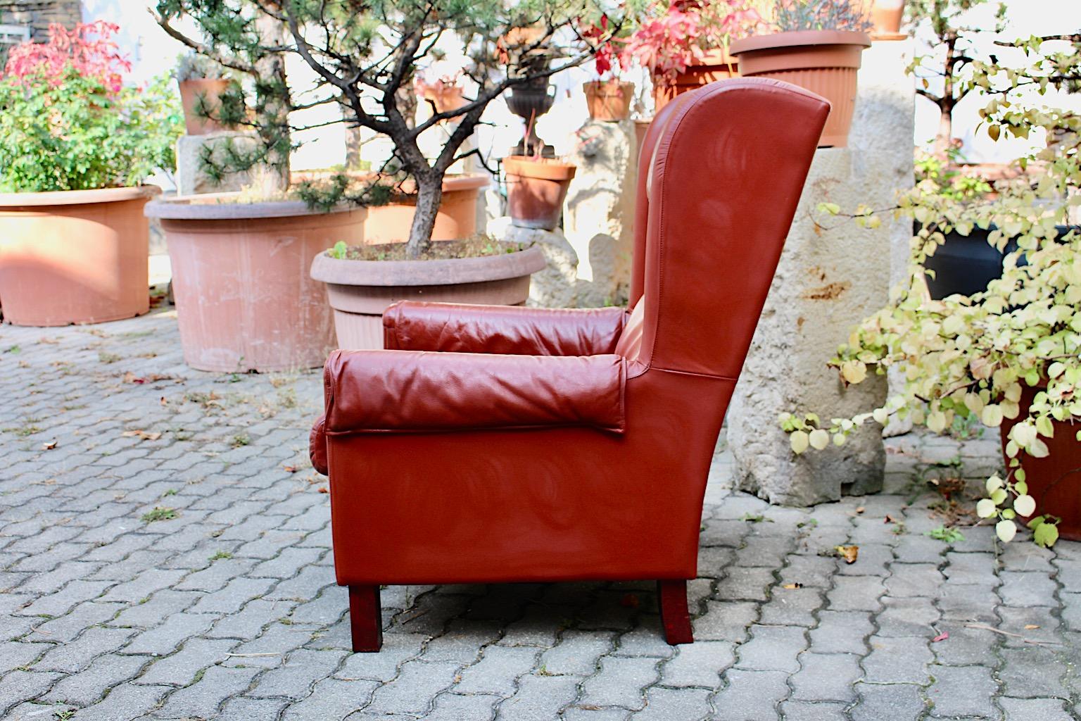 Austrian Leather Reddish Brown Vintage Wingback Chair Lounge Chair 1970s Austria For Sale