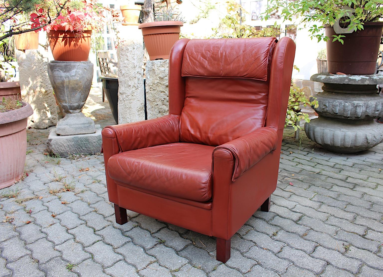 Leather Reddish Brown Vintage Wingback Chair Lounge Chair 1970s Austria In Good Condition For Sale In Vienna, AT