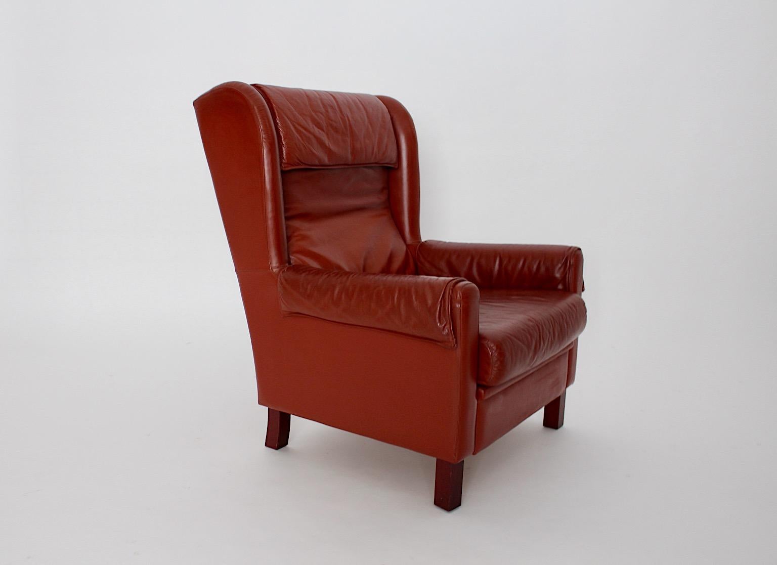 Late 20th Century Leather Reddish Brown Vintage Wingback Chair Lounge Chair 1970s Austria For Sale