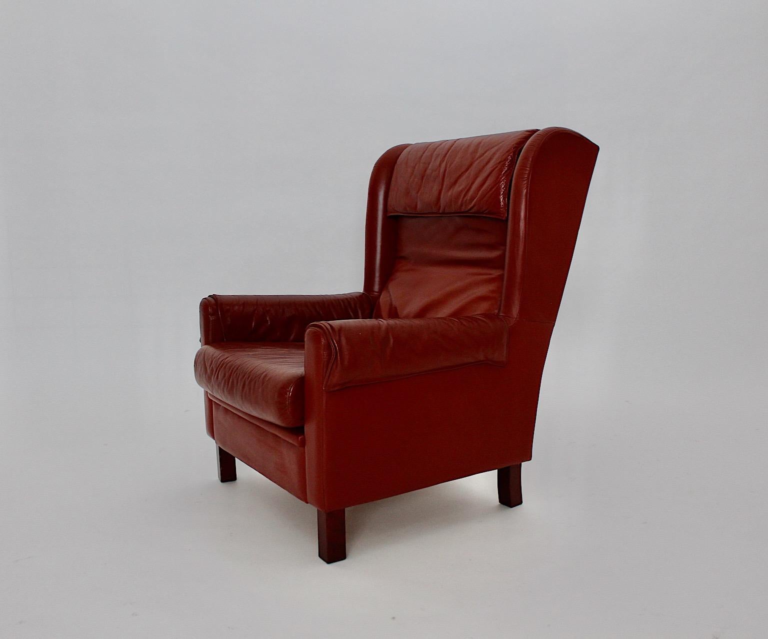 Leather Reddish Brown Vintage Wingback Chair Lounge Chair 1970s Austria For Sale 1