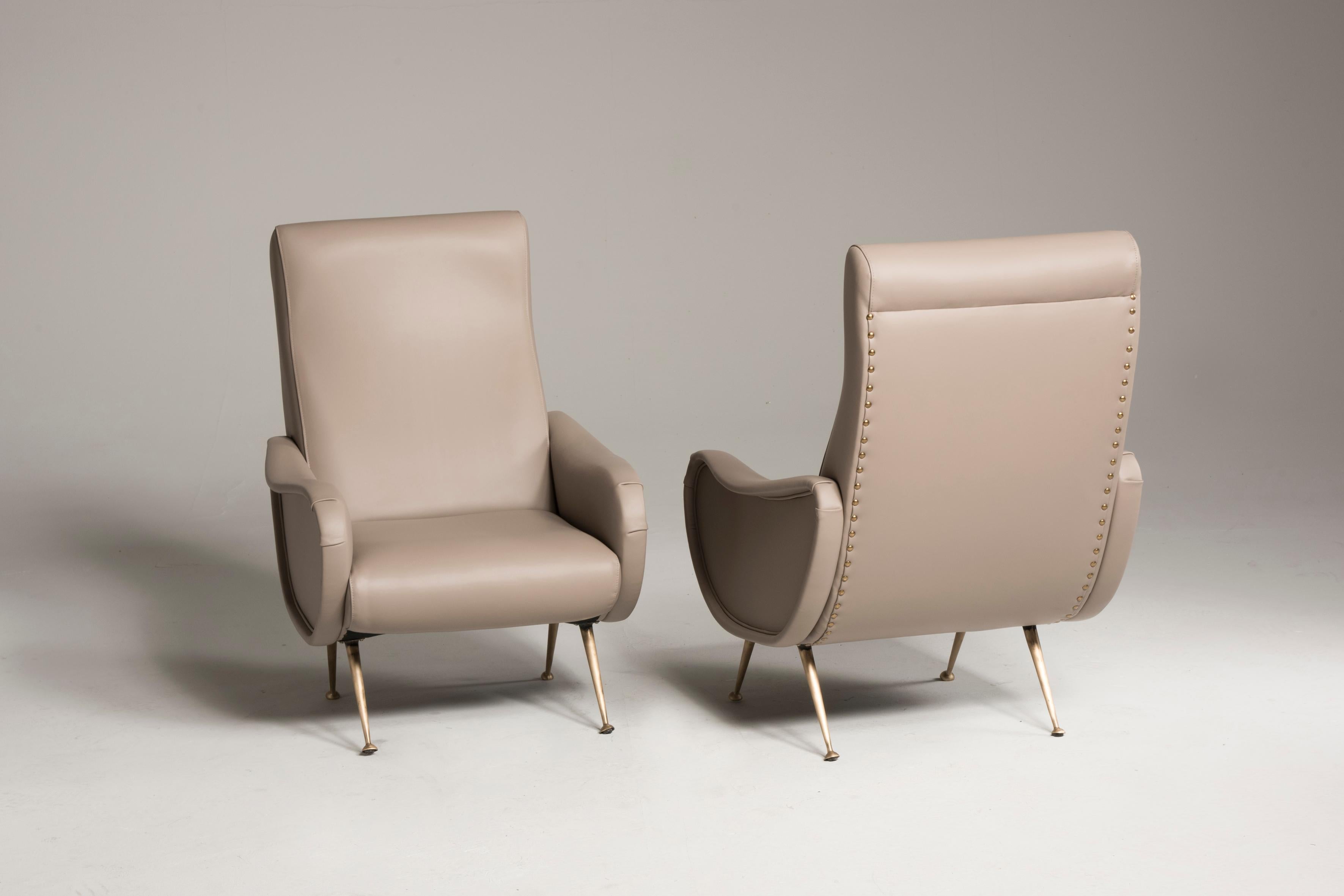 Mid-Century Modern 1950s Reupholstered Mauve Leather Armchairs in style of Zanuso Lady Model For Sale