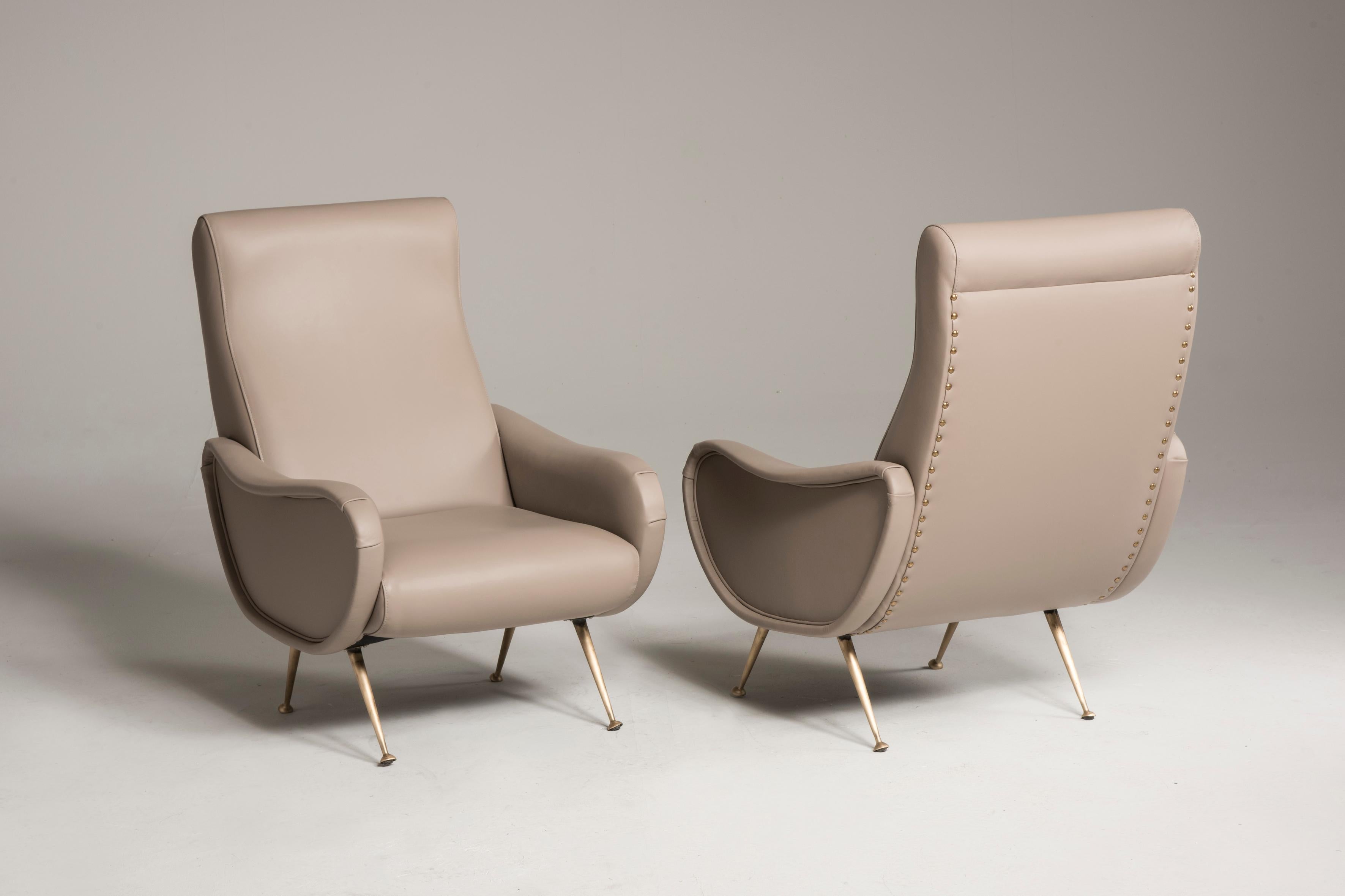 Italian 1950s Reupholstered Mauve Leather Armchairs in style of Zanuso Lady Model For Sale