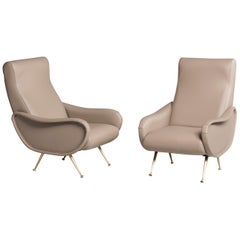 1950s Reupholstered Mauve Leather Armchairs in style of Zanuso Lady Model