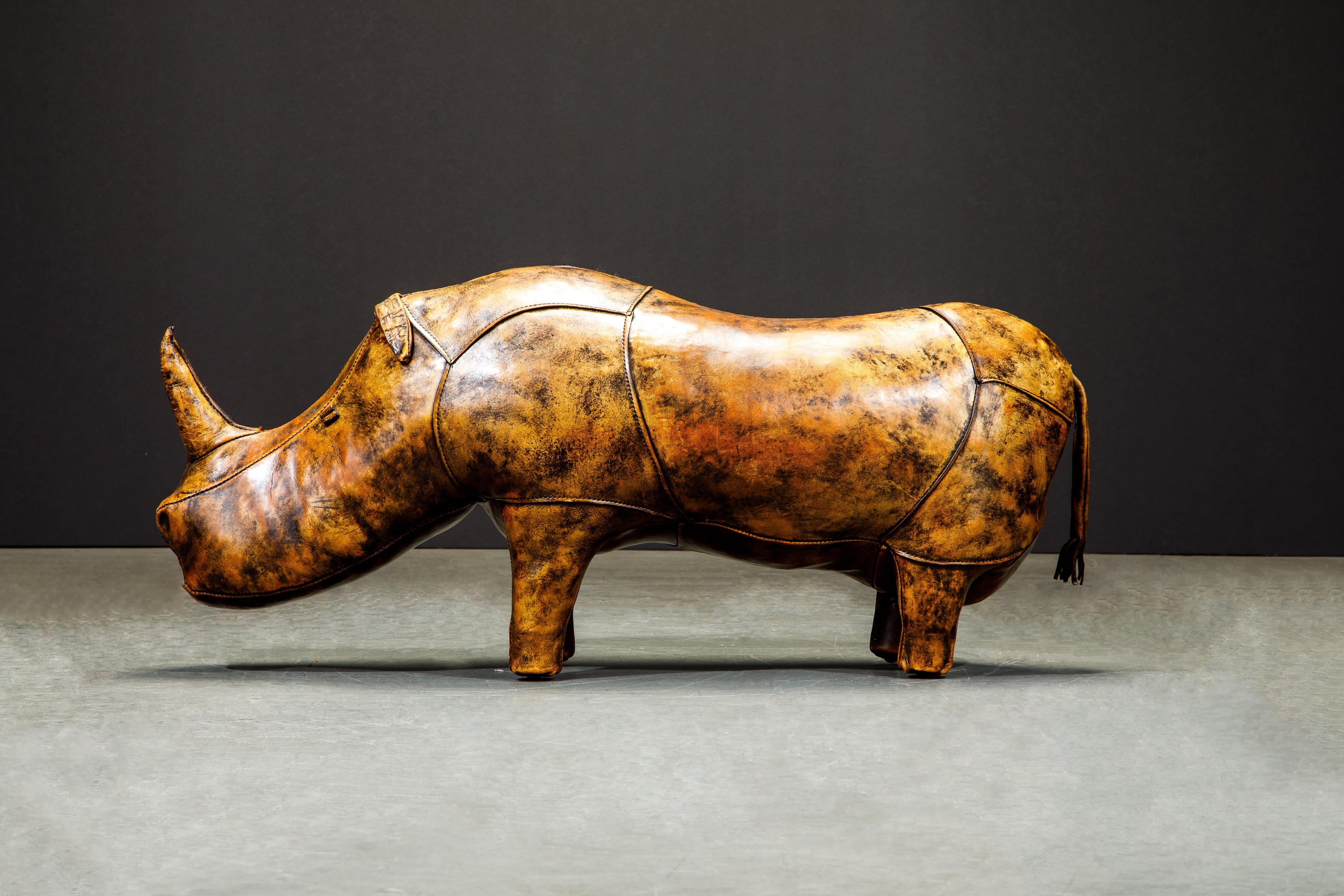Patinated Leather Rhino Stool by Dimitri Omersa for Abercrombie & Fitch, Signed