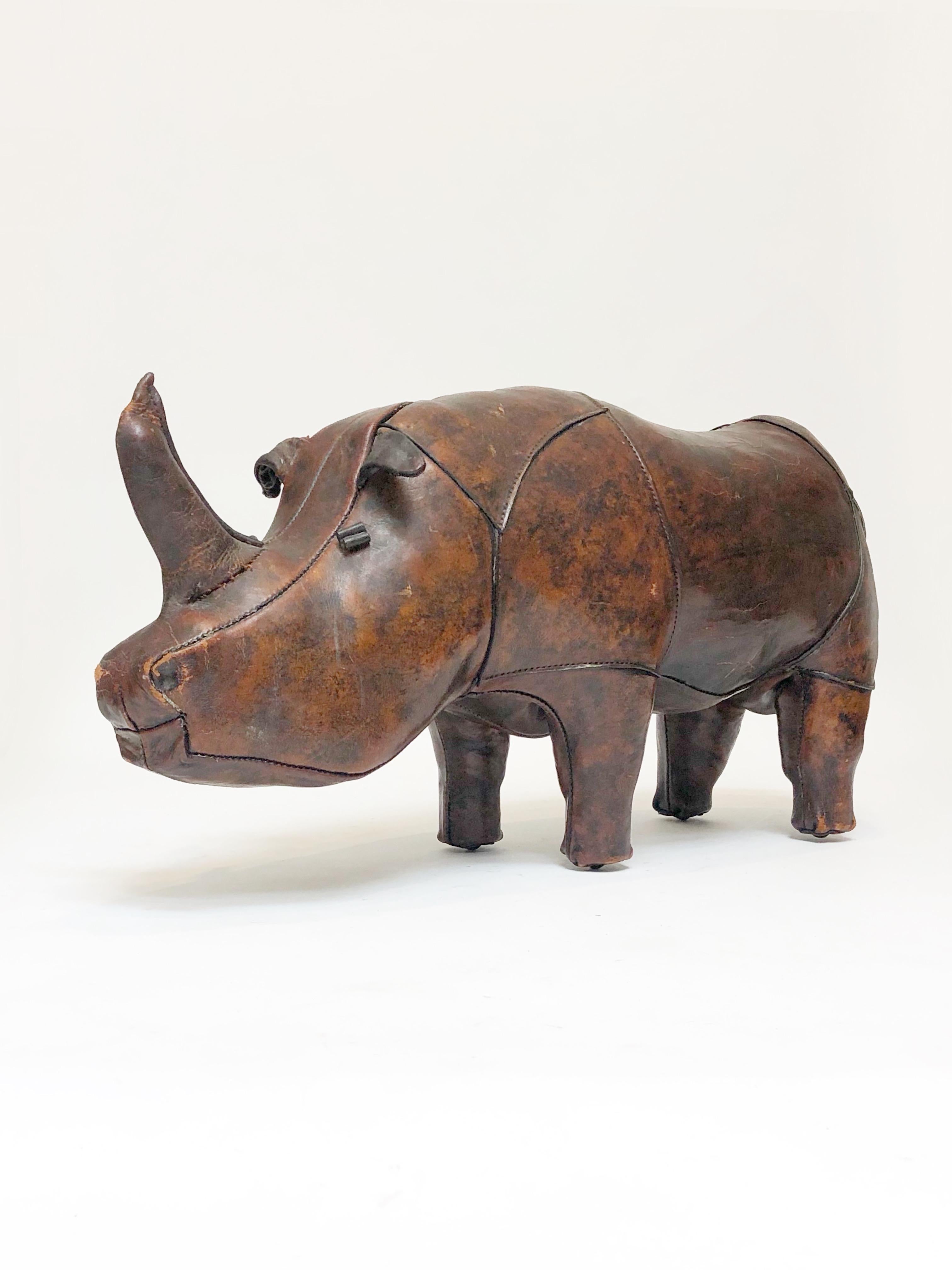 Patinated Leather Rhinoceros Footstool by Dimitri Omersa for Abercrombie and Fitch, Signed