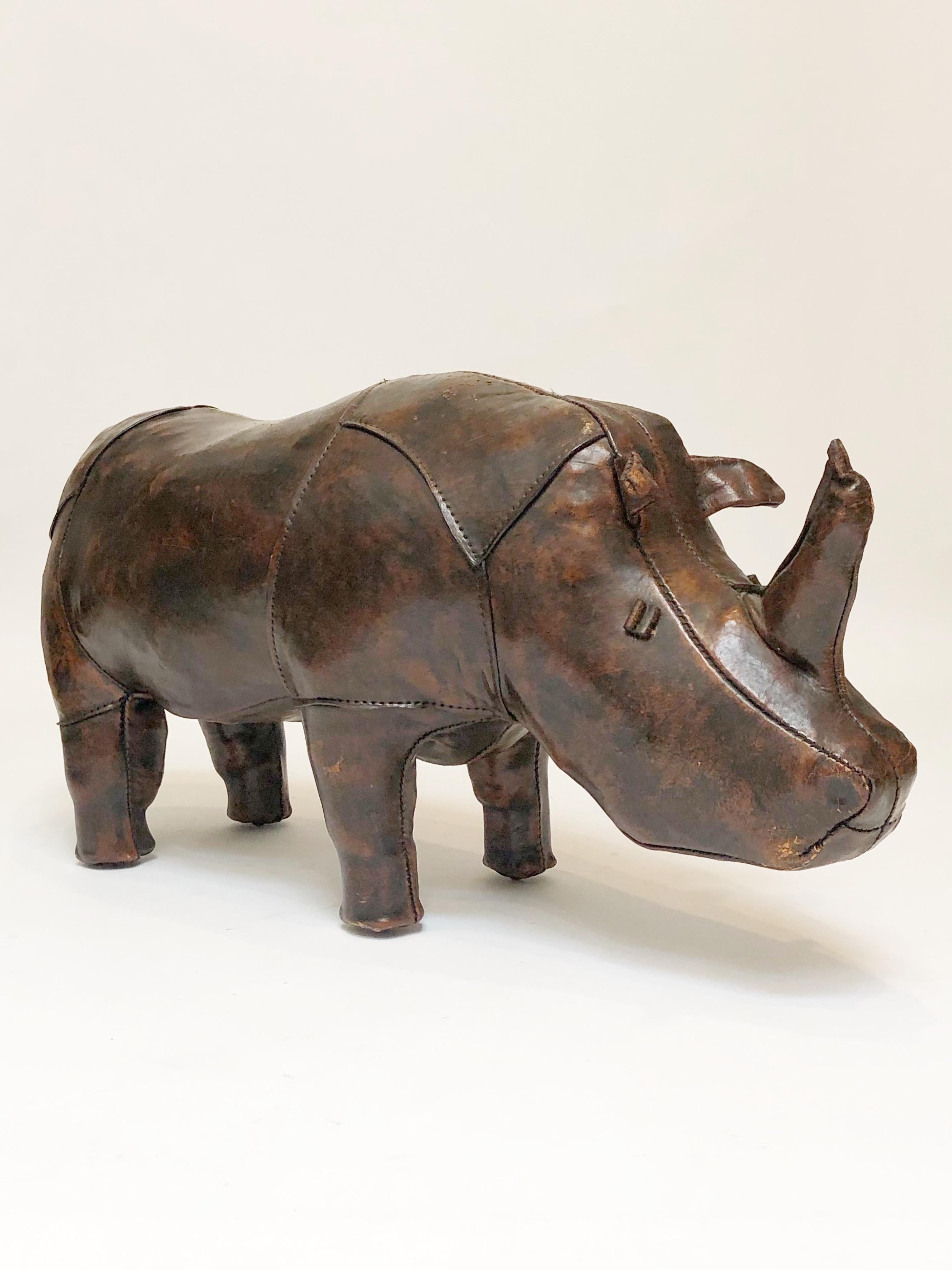 Patinated Leather Rhinoceros Footstool by Dimitri Omersa for Abercrombie and Fitch, Signed