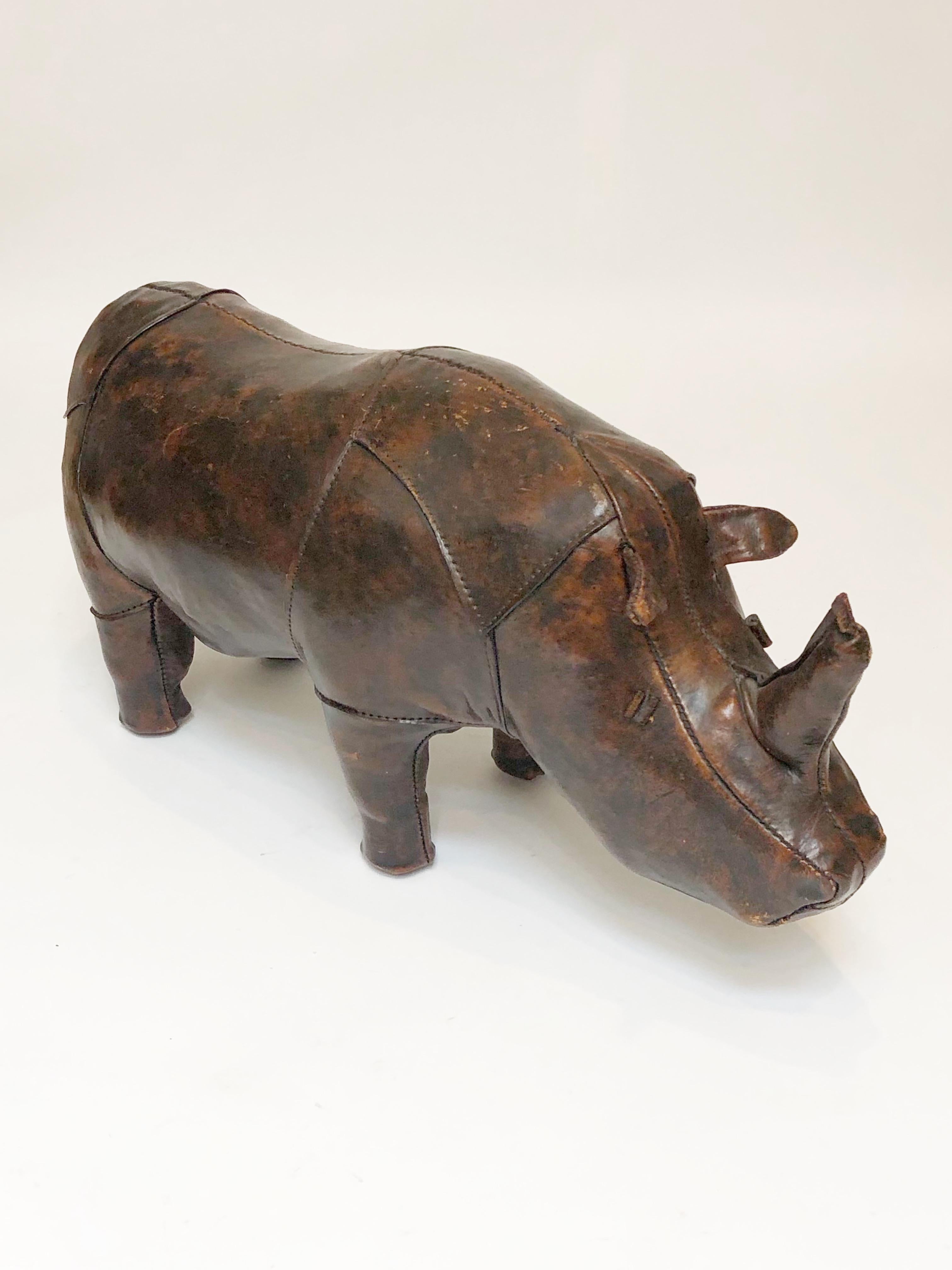 Leather Rhinoceros Footstool by Dimitri Omersa for Abercrombie and Fitch, Signed In Good Condition In Los Angeles, CA