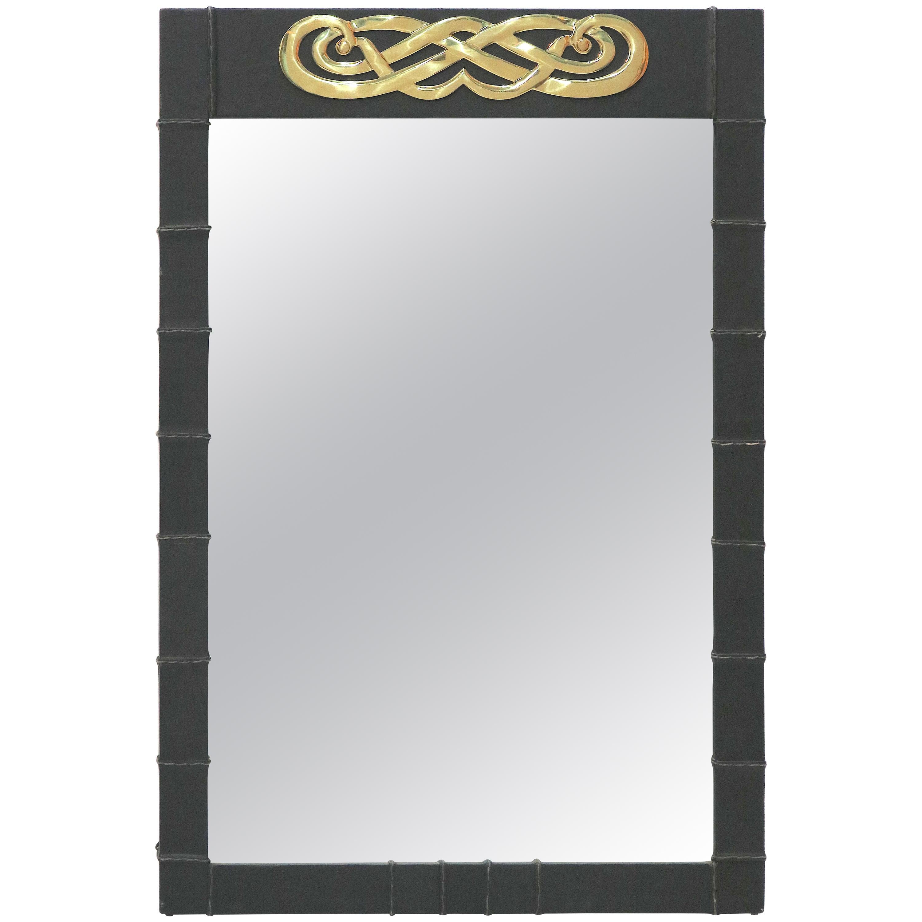 Leather Covered Mirror Interwoven Motif Brass Medallion For Sale