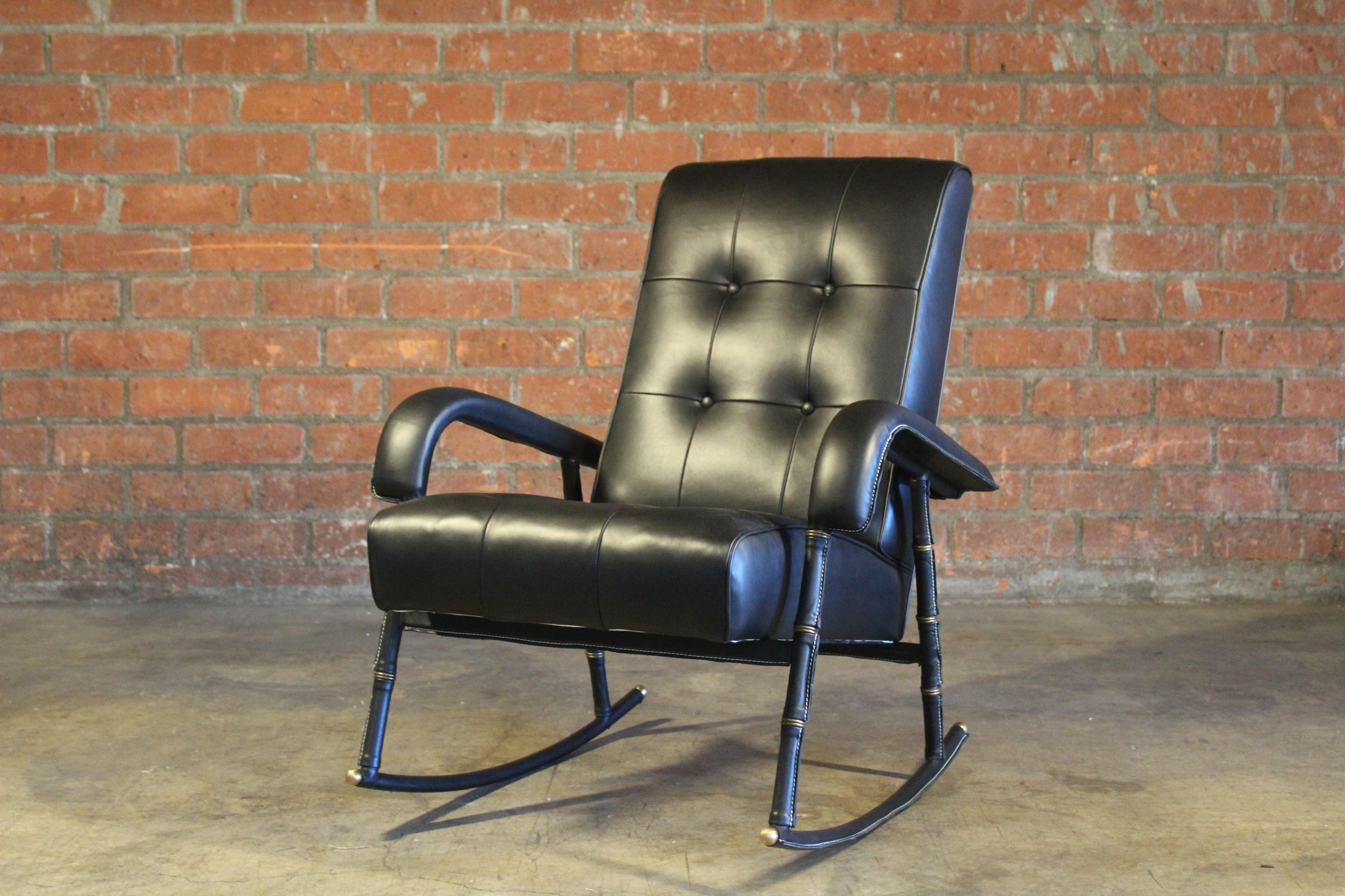 Mid-Century Modern Leather Rocking Chair by Jacques Adnet, France, 1950 For Sale