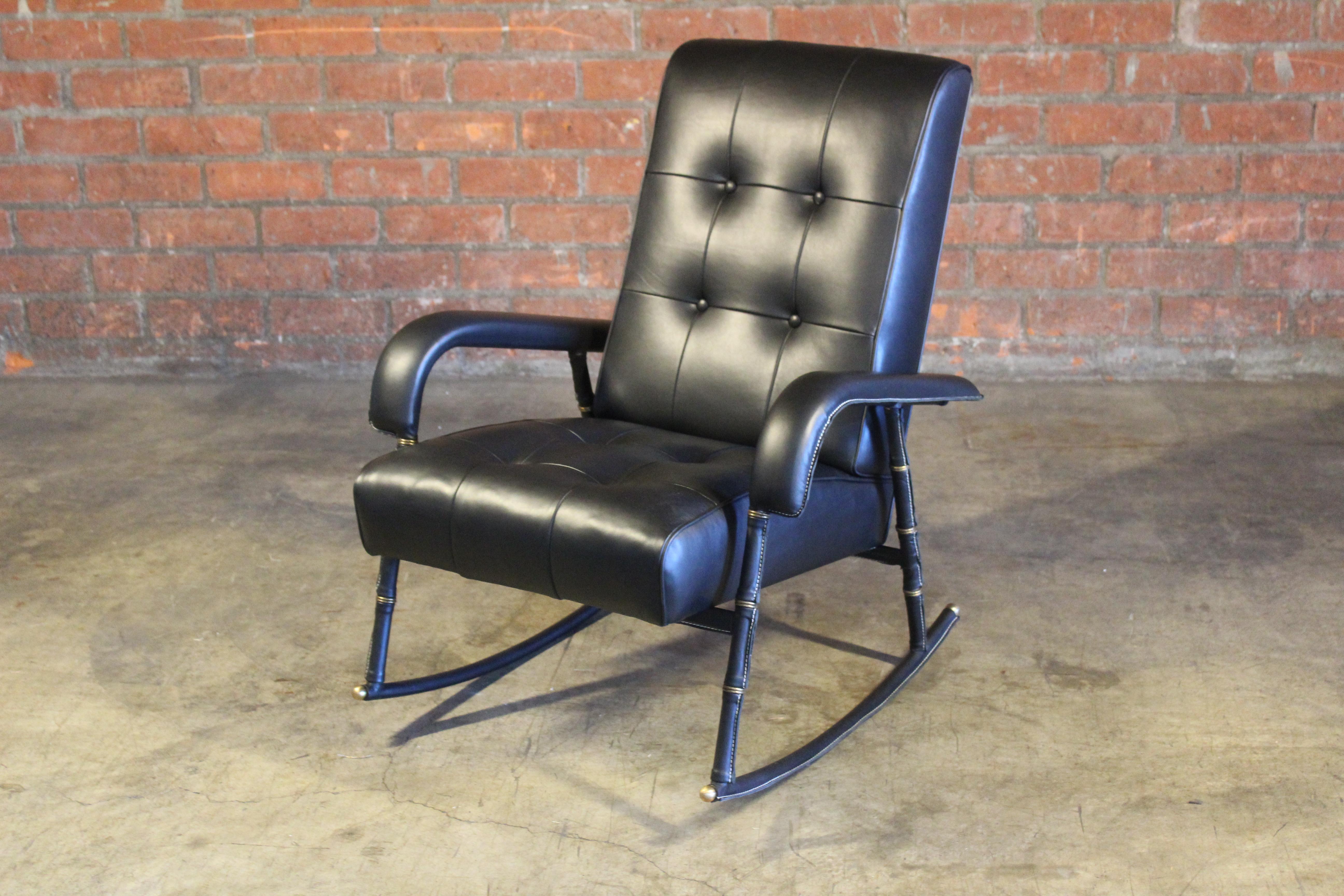 French Leather Rocking Chair by Jacques Adnet, France, 1950 For Sale