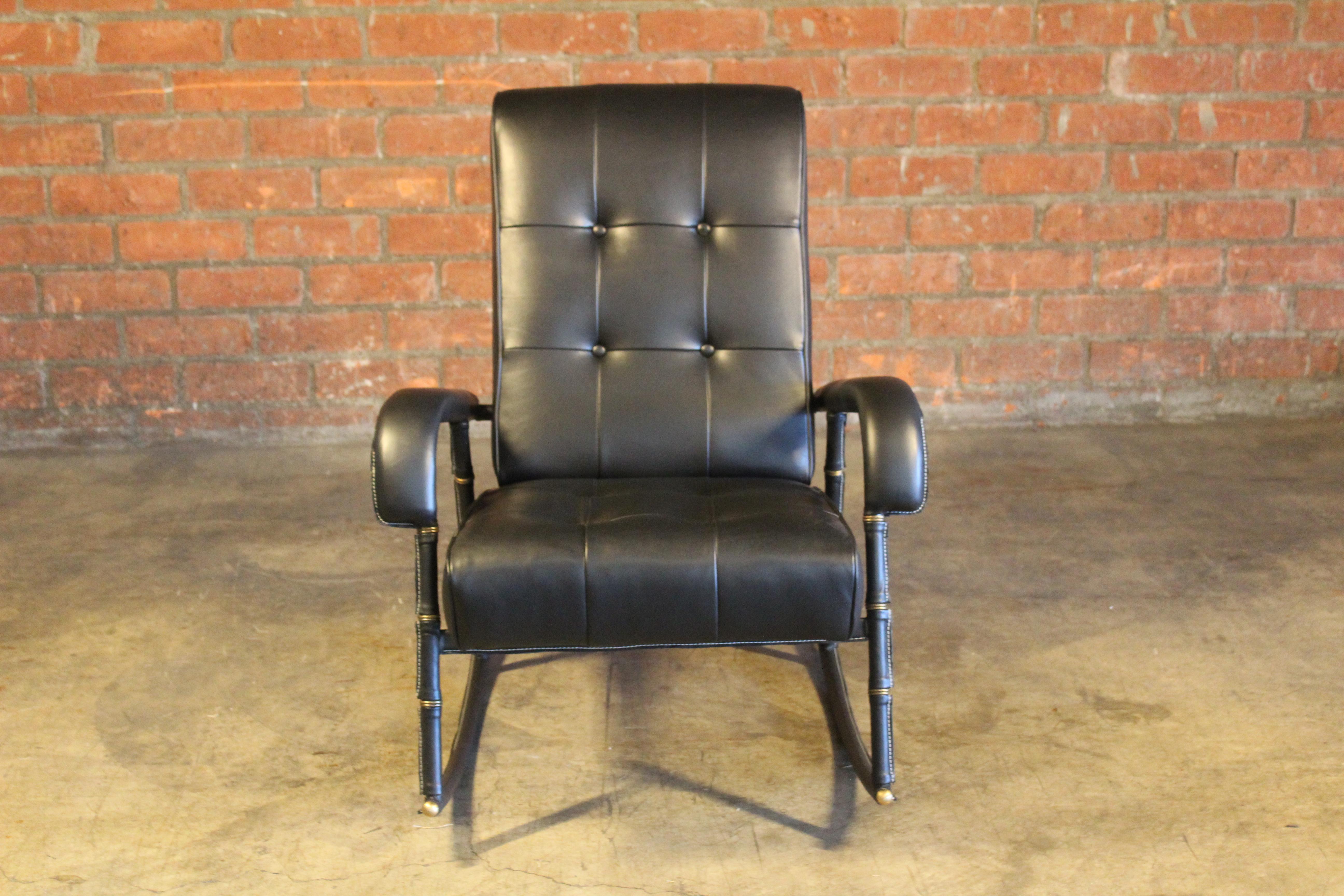 Leather Rocking Chair by Jacques Adnet, France, 1950 In Good Condition For Sale In Los Angeles, CA