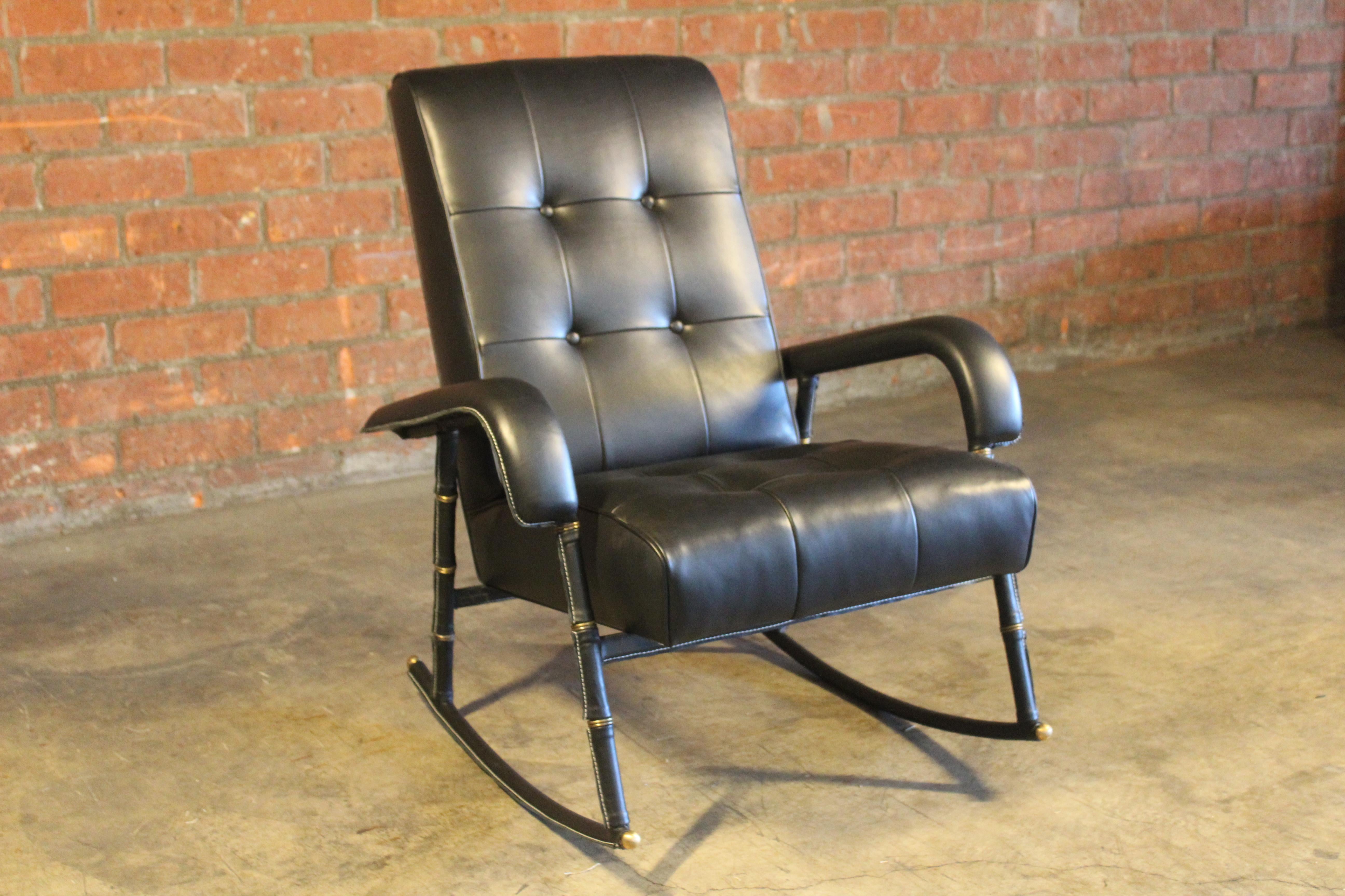 Mid-20th Century Leather Rocking Chair by Jacques Adnet, France, 1950 For Sale